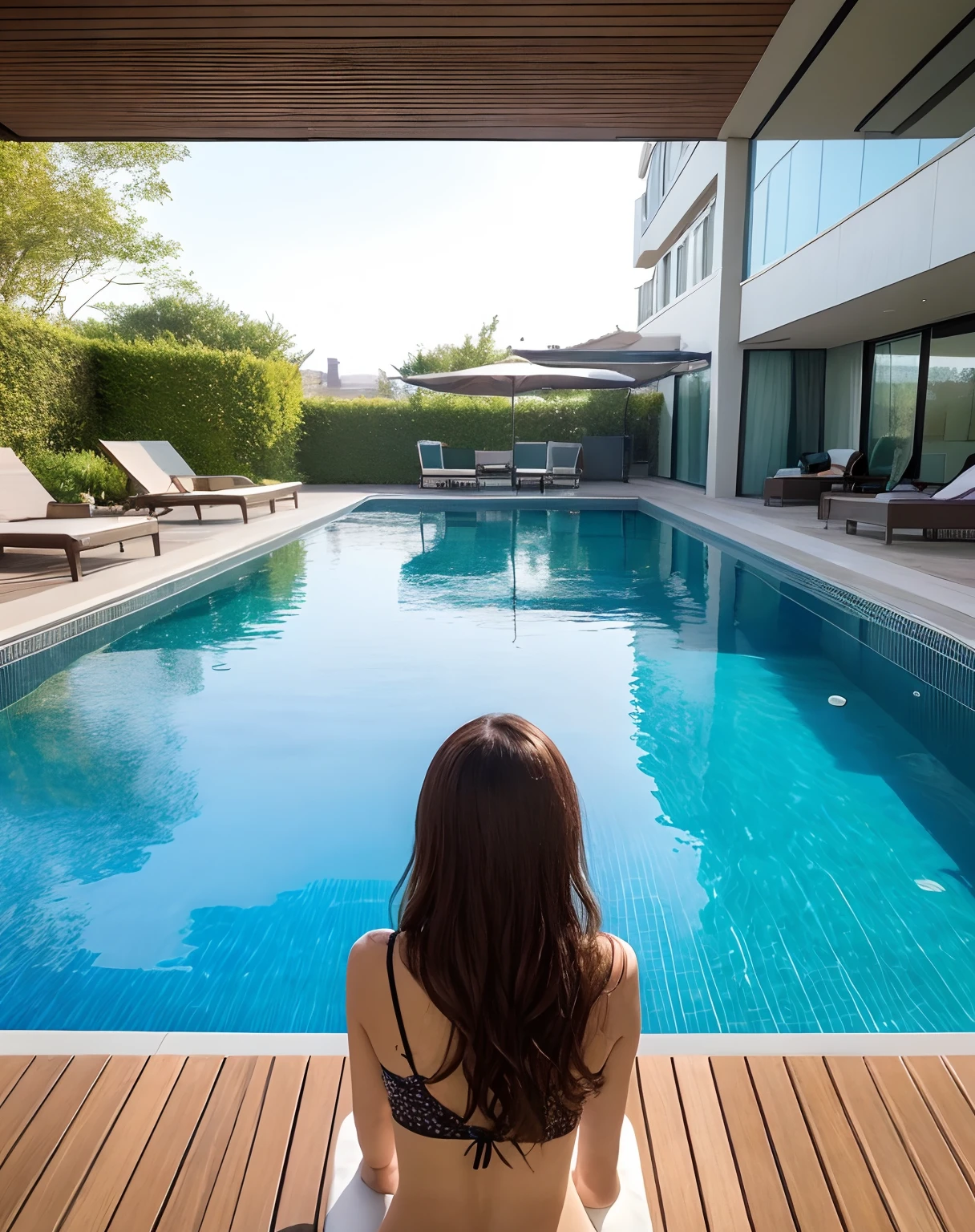 ((Top Quality, 8k, Masterpiece: 1.3)), Beauty, Hide Face, 1 Girl, Beautiful: 1.3, Slender Abs: 1.1, Camisole, Cleavage, brown wavy Hair Long, Ultra Detailed Face, Highly Detailed Lips, Detailed Eyes, Double Eyelids, in bikini sitin in privite pool on The top of skyscraper, view of The full boody, siting on The Edge PDF The pool