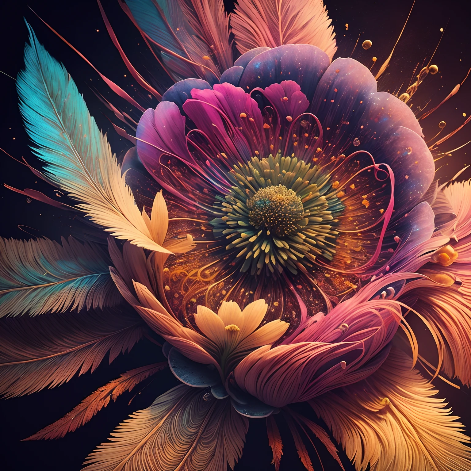 Realistic Flower Cosmos:1.5,Beautiful feathers:1.3,top-quality,Best Quality,Beautiful and mysterious flowers,Extremely detailed,Fractal Art:1.3,Colorful:1.4,highest details,Zentangle:1.2,Dynamic,Abstract background:1.3