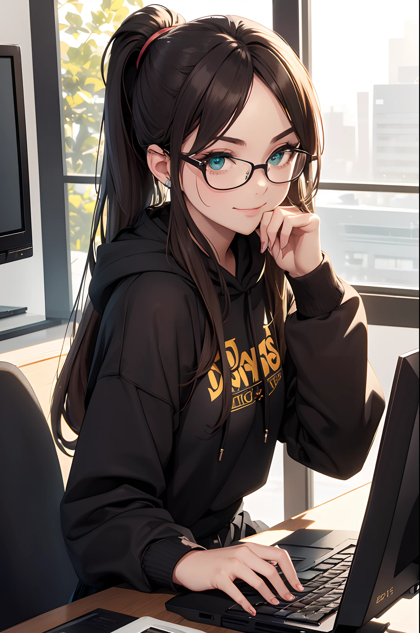 (best quality:1.2,8k,highres,masterpiece:1.2),1girl,solo,brown hair,beautiful detailed smile,green eyes,vivid colors,high quality artstyle,ultra-detailed,realistic:1.37,quality shadows,HDR,ultra-fine painting,long eyelashes,professional,ponytail,blacl hoodie with metal band,black skirt,devil horns, black glasses, sitting behind a computer