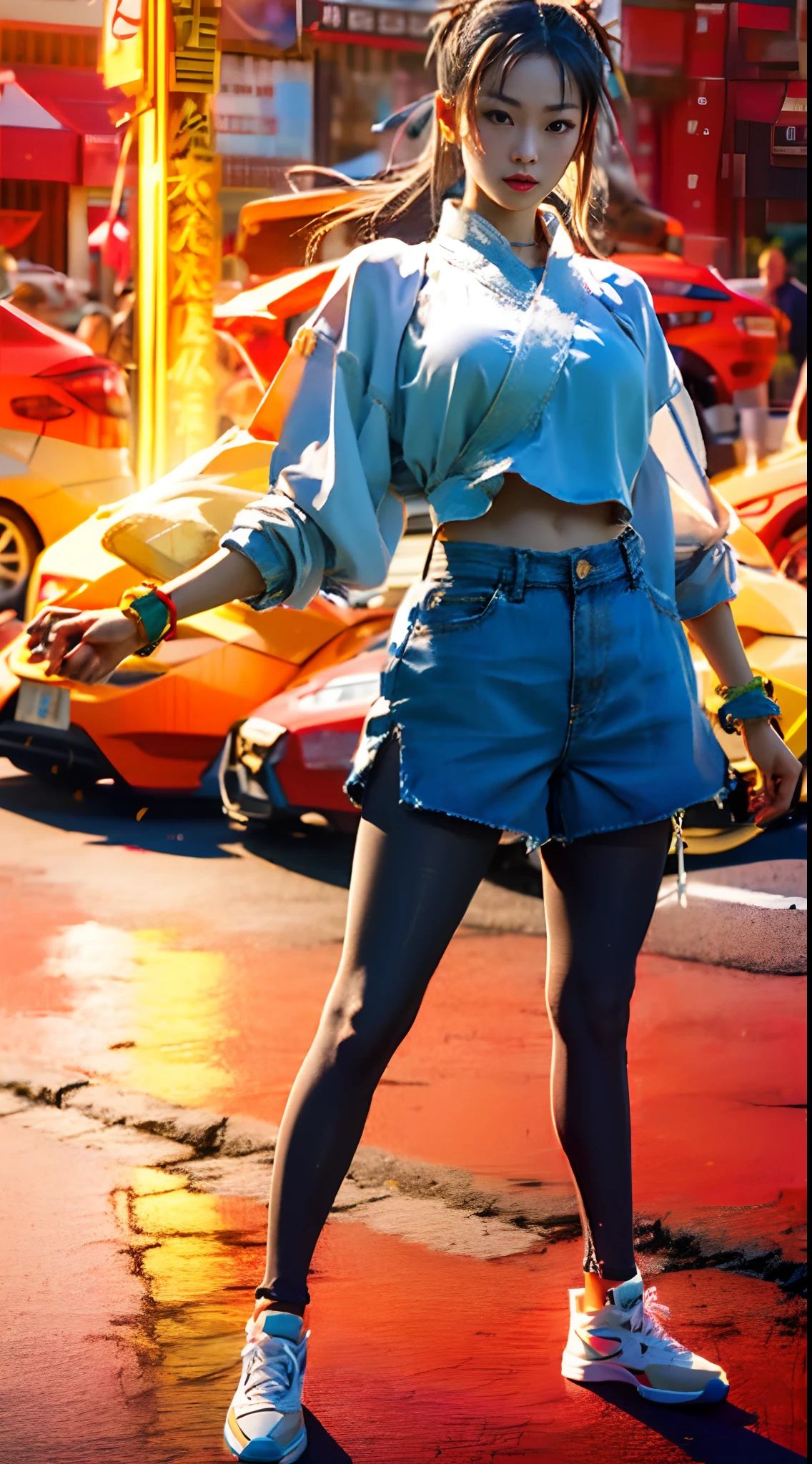 Chun-Li, Denim shorts, black pantyhose, sneakers
