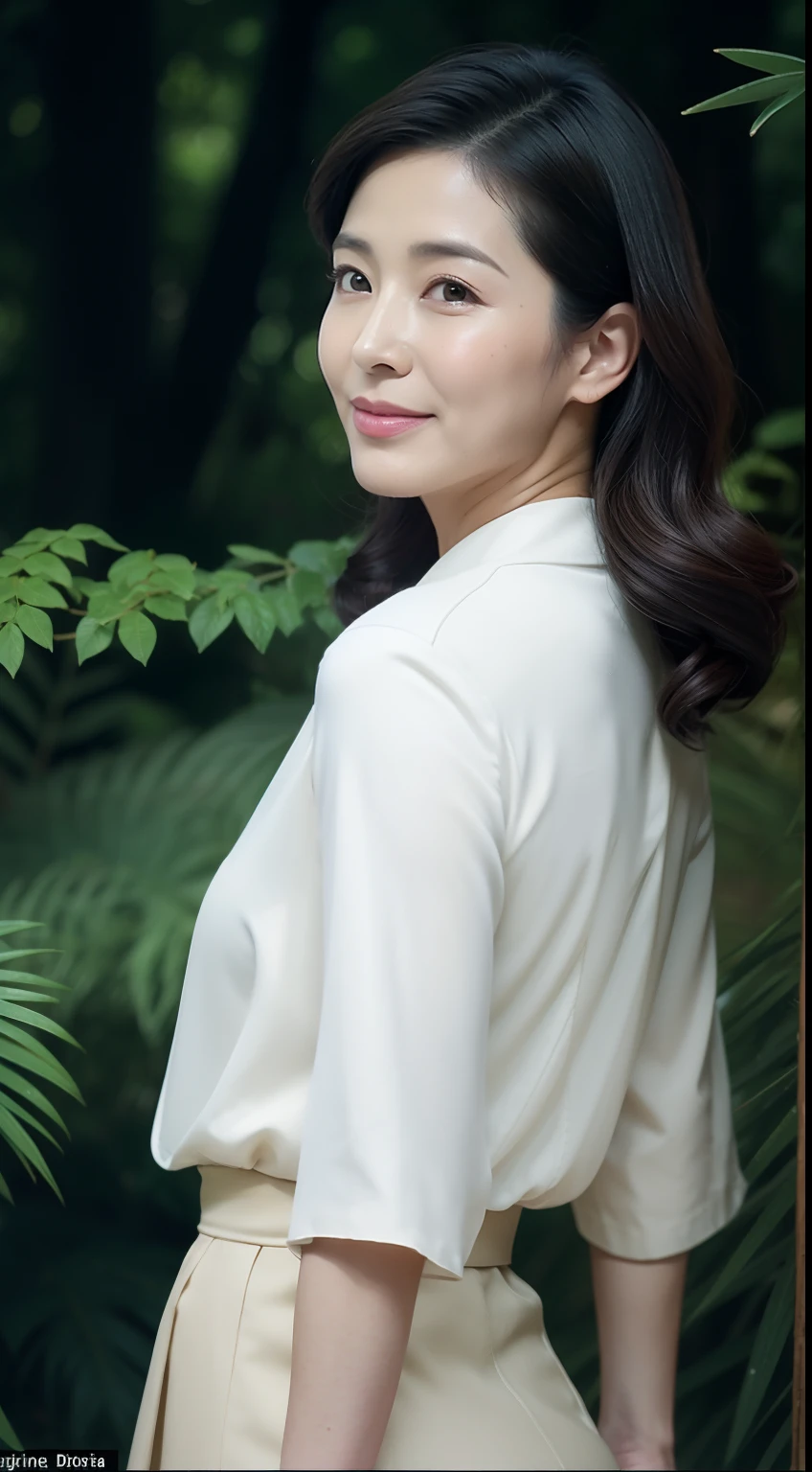 Masterpiece,Best quality, (maam. clerk:1), (Long-range shots)), ultra - detailed，独奏，exteriors，（the night），mountain ranges，naturey，（As estrelas，themoon）cheerful big breasts，ln the forest、Rochas、rios、wood、smog、shadowing、to contrast、cloudless sky、analogue style（View the audience：1.2）（skin textures）（filmgrain：1.3） , (a warm color palette, a warm color palette) :1.2), Cinematic light, side-lighting, 超高分辨率, Best shadow, primitive, big pelvis，1.8 meters tall，White color blouse，Long legs，skin hyper-detail，Clear pores，in a panoramic view，Cocked buttocks，black lence stockings，Mature at 30 years old, A noble and elegant Japanese woman,  Perfect face, Fantastic look,  (Detailed facial features),  Clean and nice face，Photorealistic, Sharp focus,  Wavy hair, Wrinkles at the corners of the eyes,