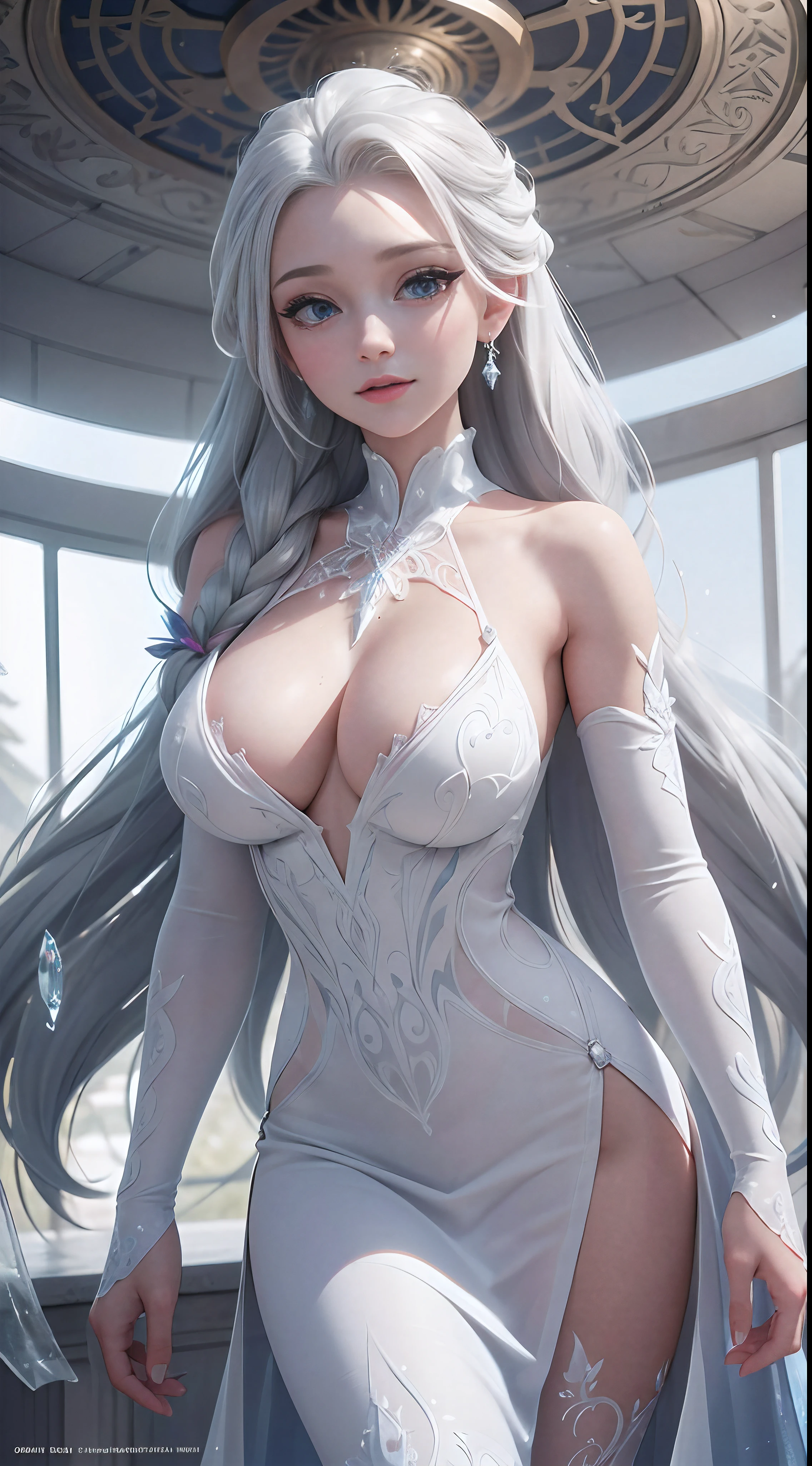 (best quality, masterpiece, colorful, dynamic angle, highest detailed) upper body photo, happy, (elsa from frozen), fashion photography of cute white long hair girl (Stunning mature woman), ((massive gigantic breasts)), dressing high detailed Frozen white suit (high resolution textures), in dynamic pose, bokeh, (intricate details, hyperdetailed:1.15), detailed, sunlight passing through hair, epic ice storm background, (official art, extreme detailed, highest detailed),