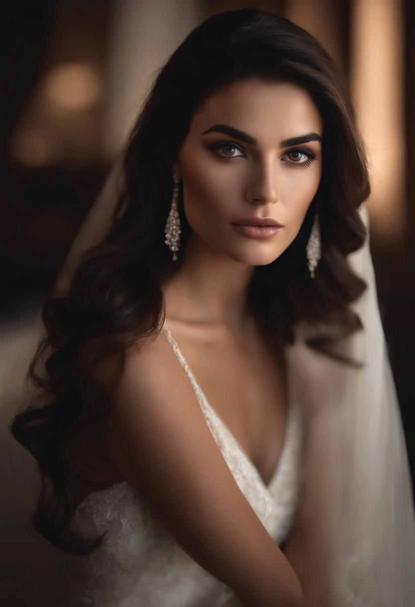 A photorealistic portrait of a stunningly beautiful, dark-haired woman with captivating, piercing brown eyes. She exudes an irresistible allure and sensuality, reminiscent of Dua Lipa. The scene is set in a softly lit, luxurious boudoir, casting a warm, intimate atmosphere. The style closely resembles high-end fashion photography, with a focus on capturing every intricate detail of her features. Camera: Canon EOS 5D Mark IV, using a prime 85mm lens with soft, diffused lighting. --ar 4:5