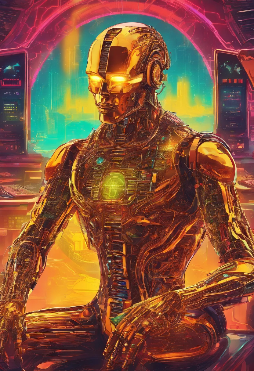 Imagine a golden cybernetic man with a transparent body that allows you to see the internal organs, His head displays a machine in place of his brain with the iconic Bitcoin symbol. He is sitting in the middle of a computer network and writes bitcoin cryptographic codes on a large computer, an intricate image, altamente realista e futurista, Rich in detail in ultra-high 8K quality, 4K in photo resolution