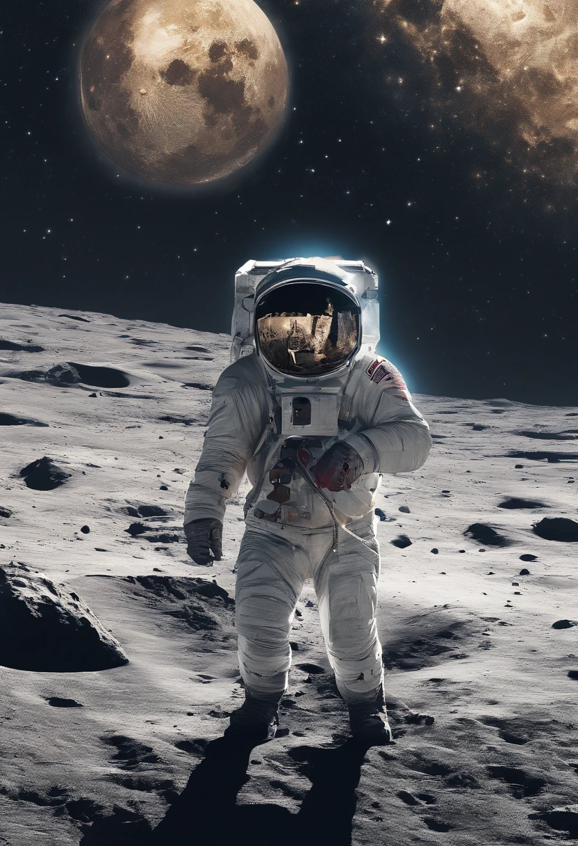 (best quality,ultra-detailed,realistic:1.37),astronaut with helmet drinking beer on the moon,illustration,moon landing,space exploration,craters,detailed spaceship,lunar module,star-filled sky,suit with reflective visor,reflective astronaut's visor and suit,beer bottle in hand,cool blue and gray color palette,moon dust,zero gravity,shadows and highlights,star-spangled background,celestial tranquility,sparkling stars,silence of the universe,crisp and clear details