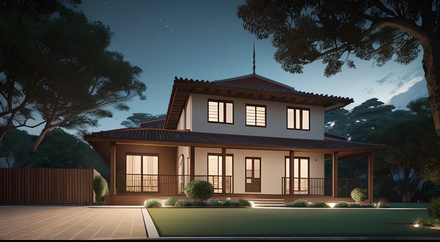 Casa grande no campo, vista externa frontal, (a floor), ((estilo moderno)), no meio da floresta, rodeada de campo gramado, melhor qualidade, Lumion Pro rendering, night ligthning, cinematic quality.