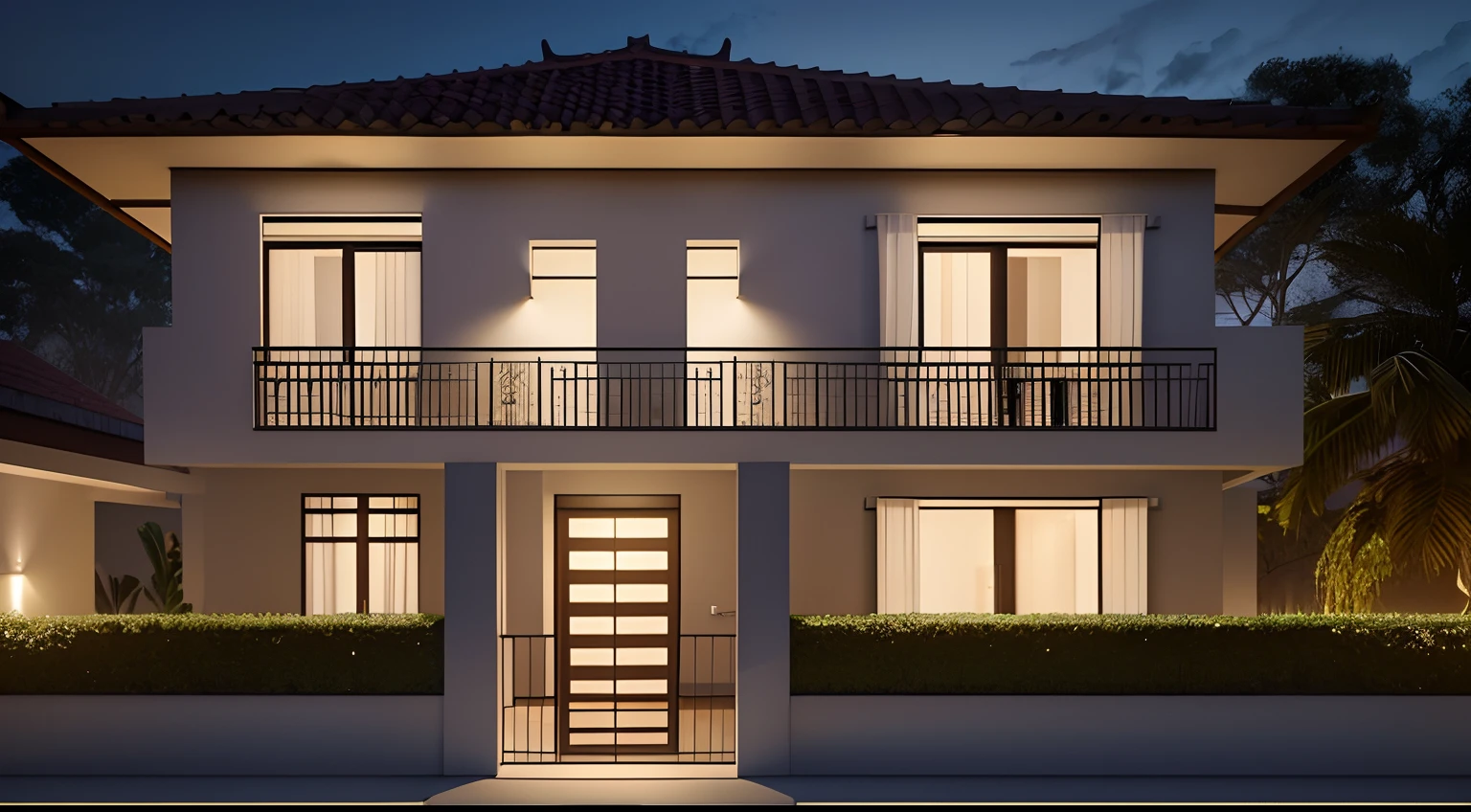 Casa grande no campo, vista externa frontal, (one floor), ((estilo moderno)), no meio da floresta, rodeada de campo gramado, melhor qualidade, Lumion Pro rendering, night ligthning, cinematic quality.