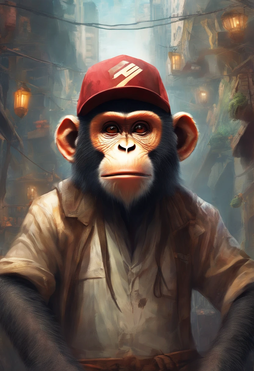 melhor qualidade, Altas, ultra-detalhado, Realistic, Monkey wearing a cap with anthropomorphic bad monkey face, Detailed face and expression, Cute monkey with human features, texturas realistas, Detalhes do pelo e da touca, cores vibrantes, estilo de arte extravagante, ambiente ao ar livre, natural lighting, clima preto