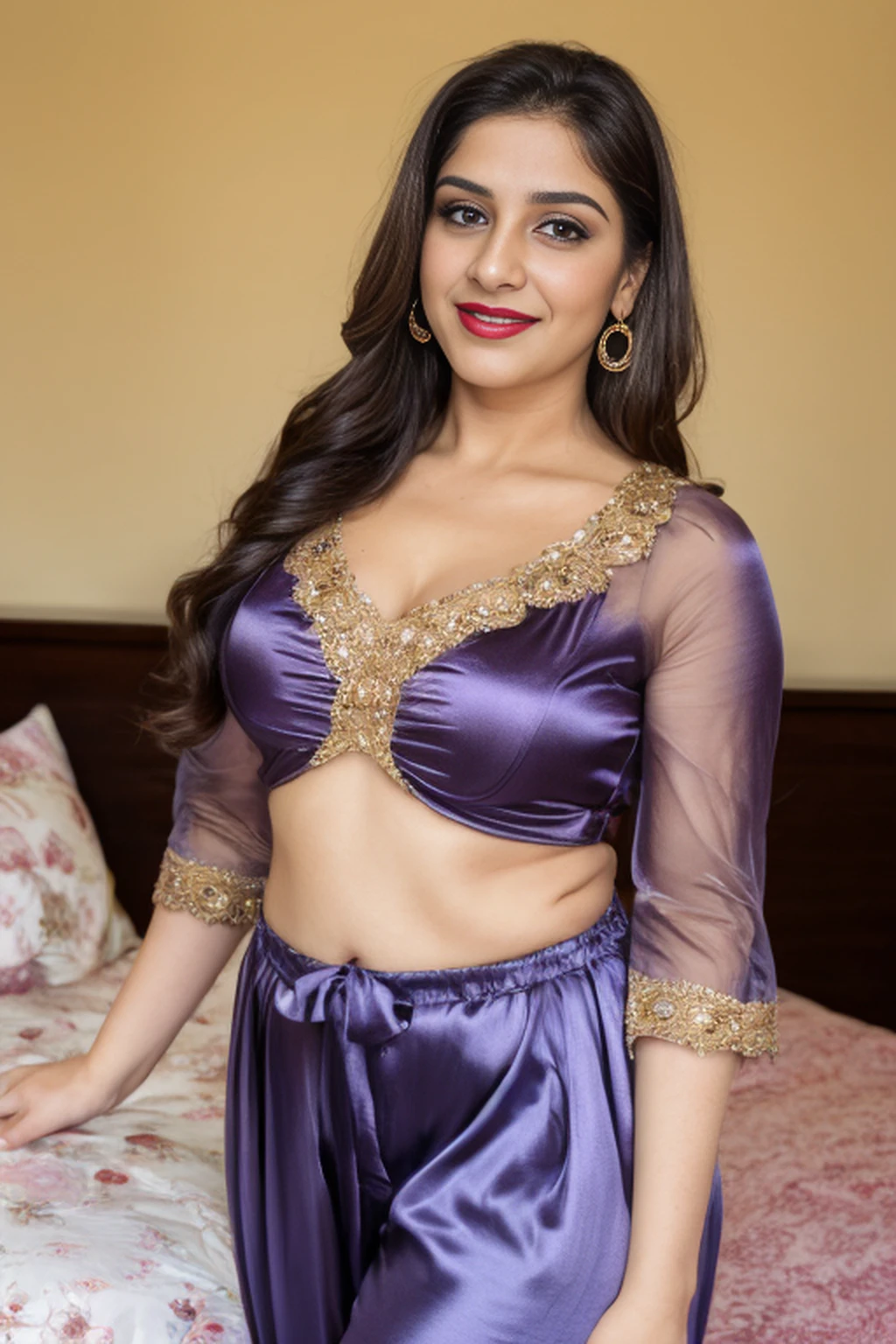 35mm lens, full length portrait, 34 year old pakistani woman, hard light, bedroom, ((slob)) wearing plum blue satin attire, (tight satin) curvy figure, detailed face, 8k, detailed features, dark brown short hair, brown highlight hair, casual posing, human skin (visible facial pores:1.3), human skin has [visible|[(wrinkles:0.625)|small pores]] (transparent sleeves) skin texture, detailed skin (lipstick) (half sleeves attire) (hot mom) wide hips, thick thighs, busty, thick thighs, wide waist, sexy, hot woman, (transparent clothes) sexy satin, dslr, 8k,(smiling) gestures, saturation -2