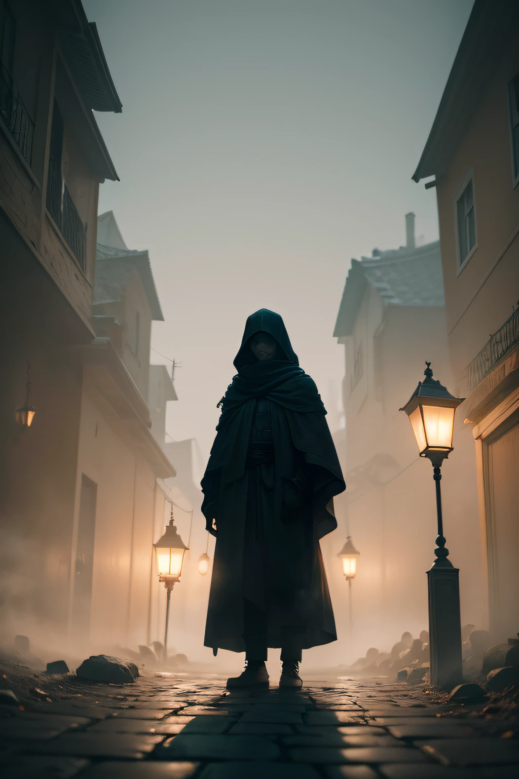 Imagem: An enigmatic night scene in an ancient, deserted city. The cobblestone street is covered in thick fog and lit only by the dim light of the lanterns. From a distance, You can see the silhouette of old and gloomy buildings. No centro da imagem, destaca-se uma figura misteriosa envolta em um manto escuro, Standing under a lantern, com os olhos brilhando sob a capa. A figura parece meio humana, meio criatura sobrenatural. Em volta dela, Spooky shadows create an atmosphere of tension and fear.
I hope this image prompt inspires your creativity to create illustrations or visual scenarios related to the theme "Criaturas Noturnas".