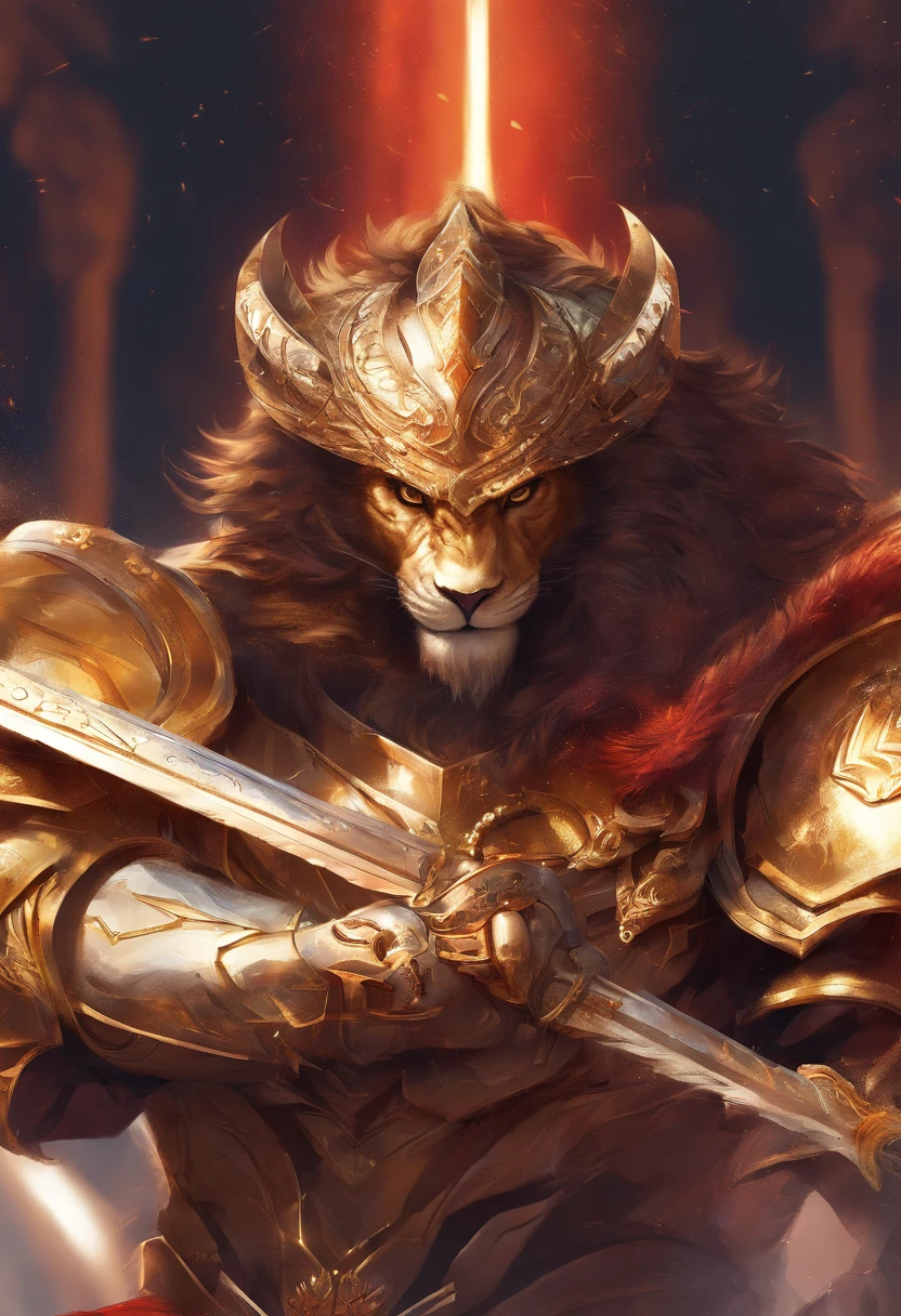 (best quality,highres,masterpiece:1.2),realistic,lion,humanized,warrior,portrait,heroic pose,majestic,regal,expressive eyes,strong jawline,proud expression,detailed facial features,shaggy mane,golden fur,glistening in the sunlight,sharp,gleaming sword,ornate hilt,leather armor,fierce stance,determined,gritty background,contrast of light and shadow,dynamic composition,vivid colors,intense reds and golds,soft lighting,creating depth and drama