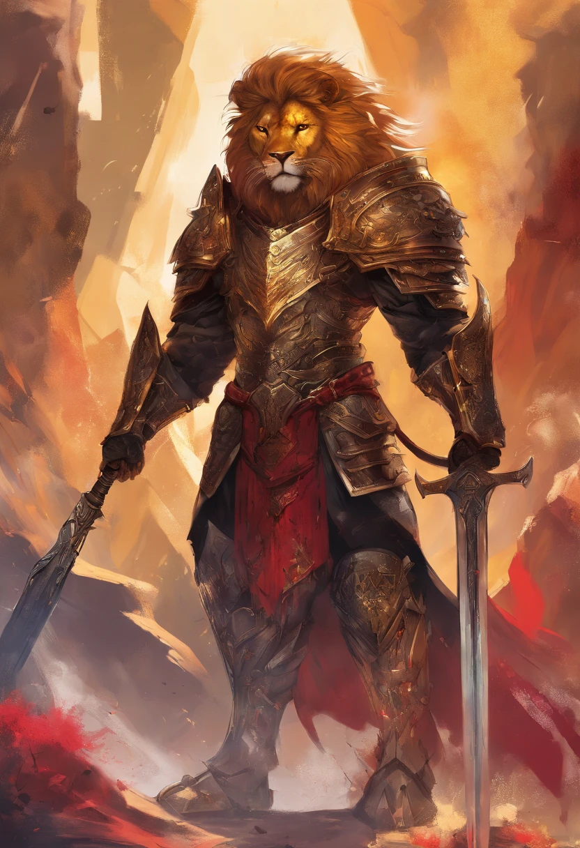 (best quality,highres,masterpiece:1.2),realistic,lion,humanized,warrior,portrait,heroic pose,majestic,regal,expressive eyes,strong jawline,proud expression,detailed facial features,shaggy mane,golden fur,glistening in the sunlight,sharp,gleaming sword,ornate hilt,leather armor,fierce stance,determined,gritty background,contrast of light and shadow,dynamic composition,vivid colors,intense reds and golds,soft lighting,creating depth and drama