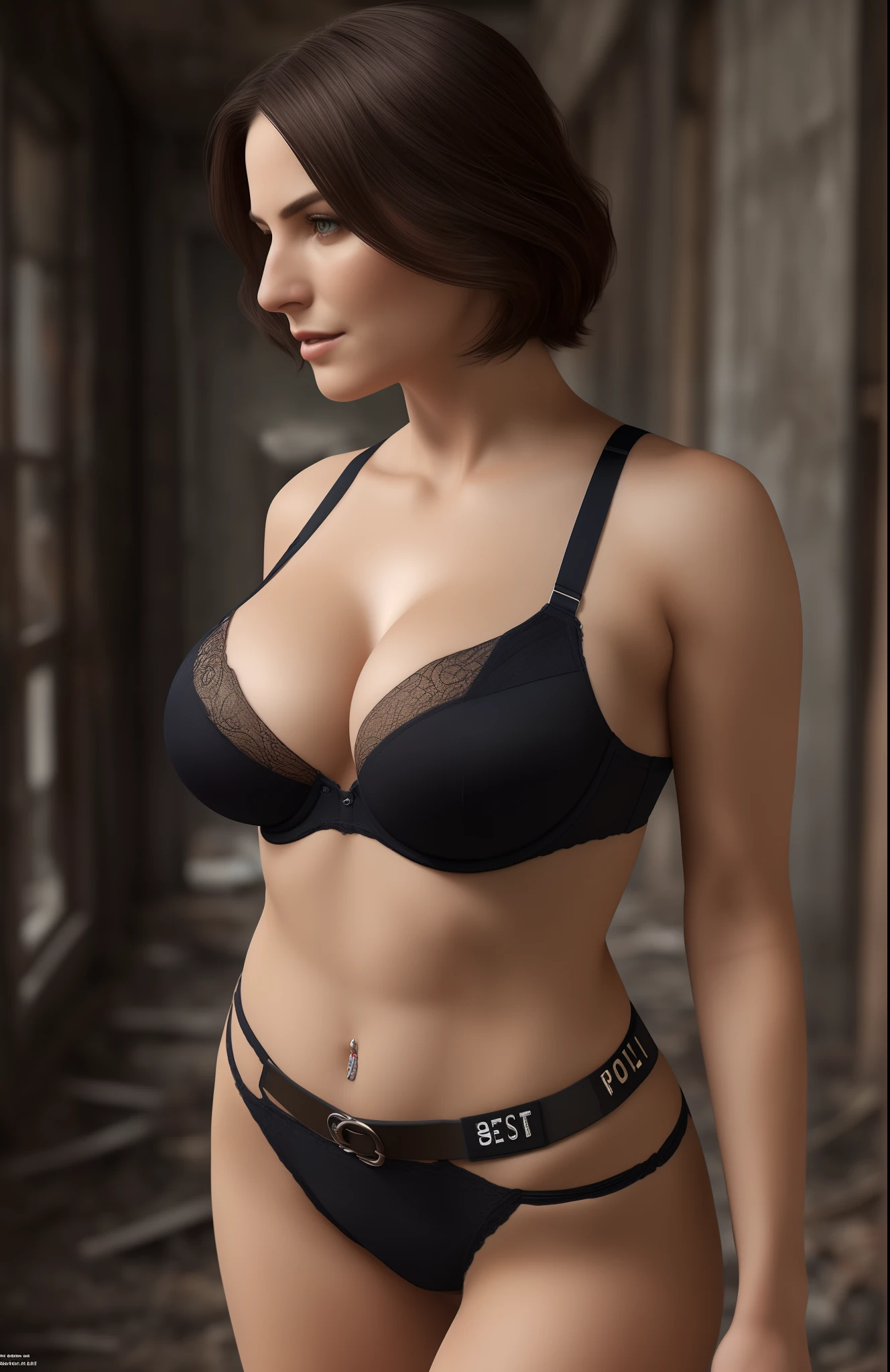 16 K HDR, hight resolution, (masterpiece, Best Quality, hyper realistic photography), ((1girl in)), (Super sexy mature woman:1.2, realistic mature face:1.2, 50age), slim body, Cool Beauty Face, (Bob Short, Detailed Five Fingers), (ultra gigantic cleavages:1.35, realistic police officer uniform:1.5, Unbuttoned:1.35, exposed sexy bra, gun belt), hyper detailed mature face, ultra detailed mature skin texture, (In a realistic abandoned buildings:1.3, Dark atmosphere:1.25)