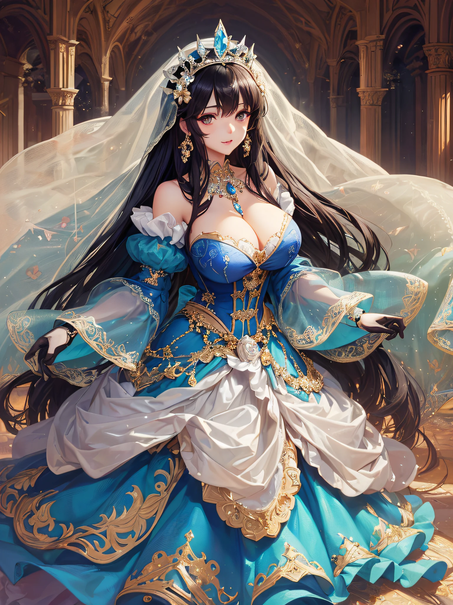 ((anime artstyle)),(Masterpiece),(Best Quality), (Super Detail),((Very Delicate and Beautiful)),cinematic lighting,1 girl,((full body portrait)),((standing in garden)),((solo)),(((1 fairytale princess in gorgeous embroidery and jeweled extremely gorgeous cinderella ballgown with voluminous full length hoop skirt))),an hourglass waist,padded and corseted bodice,(((huge crinoline hoopskirt))),long train,((gorgeous embroidery and jeweled)),voluminous frills,See-through,(((extremely gigantic tits,skindentation))),cleavage,((absurdly Long Straight Hair,extremely voluminous Straight long Hair,absurdly Long Straight Hair)),(finely detailed face and eyes),clear pupil,extremely gorgeousfull hair ornament,(bling-bling jeweled extremely gorgeousfull tiara),((bling-bling gorgeous gemstone jewelry)),gorgeous long veil,((ultra long gloves)),(beautiful background),(full body),((gorgeous embroidery and jeweled extremely gorgeous cinderella ballgown with voluminous full length hoop skirt))