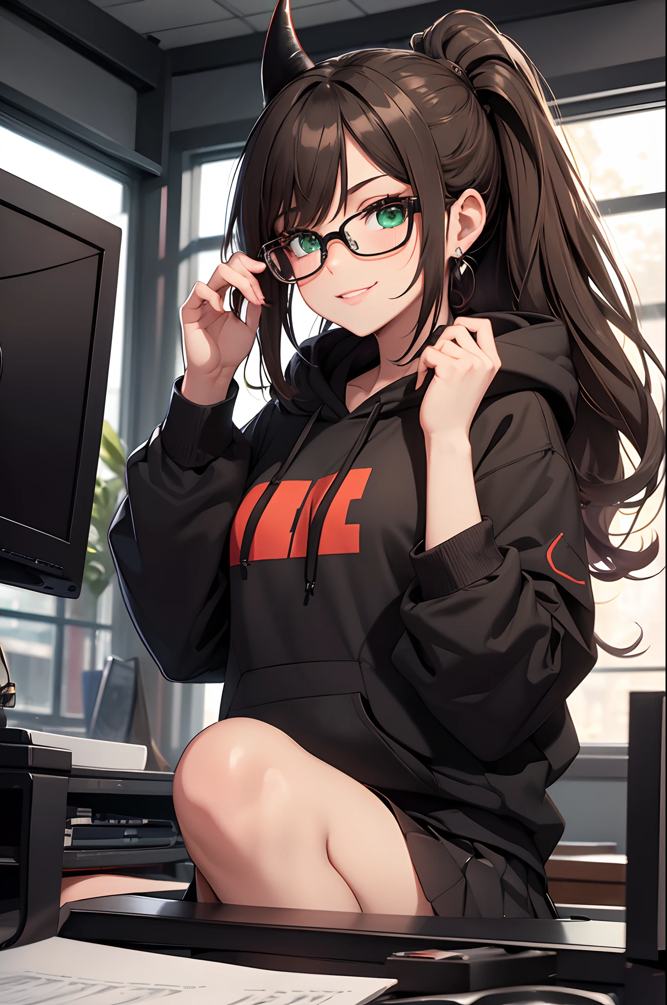 (best quality:1.2,8k,highres,masterpiece:1.2),1girl,solo,brown hair,beautiful detailed smile,green eyes,vivid colors,high quality artstyle,ultra-detailed,realistic:1.37,quality shadows,HDR,ultra-fine painting,long eyelashes,professional,ponytail,blacl hoodie with metal band,black skirt,devil horns, black glasses, sitting behind a computer