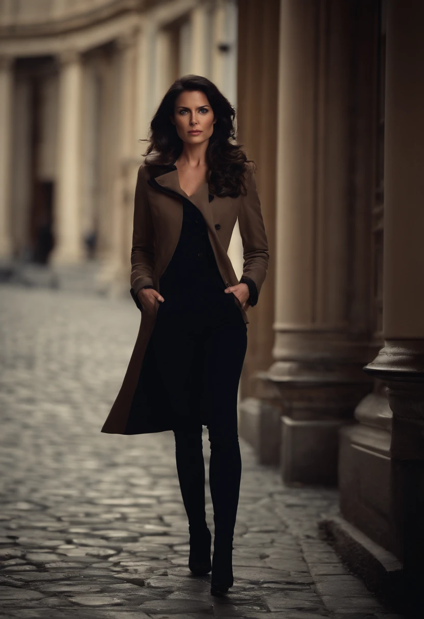 /imagine full body action pose of gorgeous CIA superspy and journalist Brigitte Montfort, codenamed "agent Baby". She is a deep blue eyes dark hair brunette, daughter of German Father and French mother, 26 years old, she has a perfect woman body.