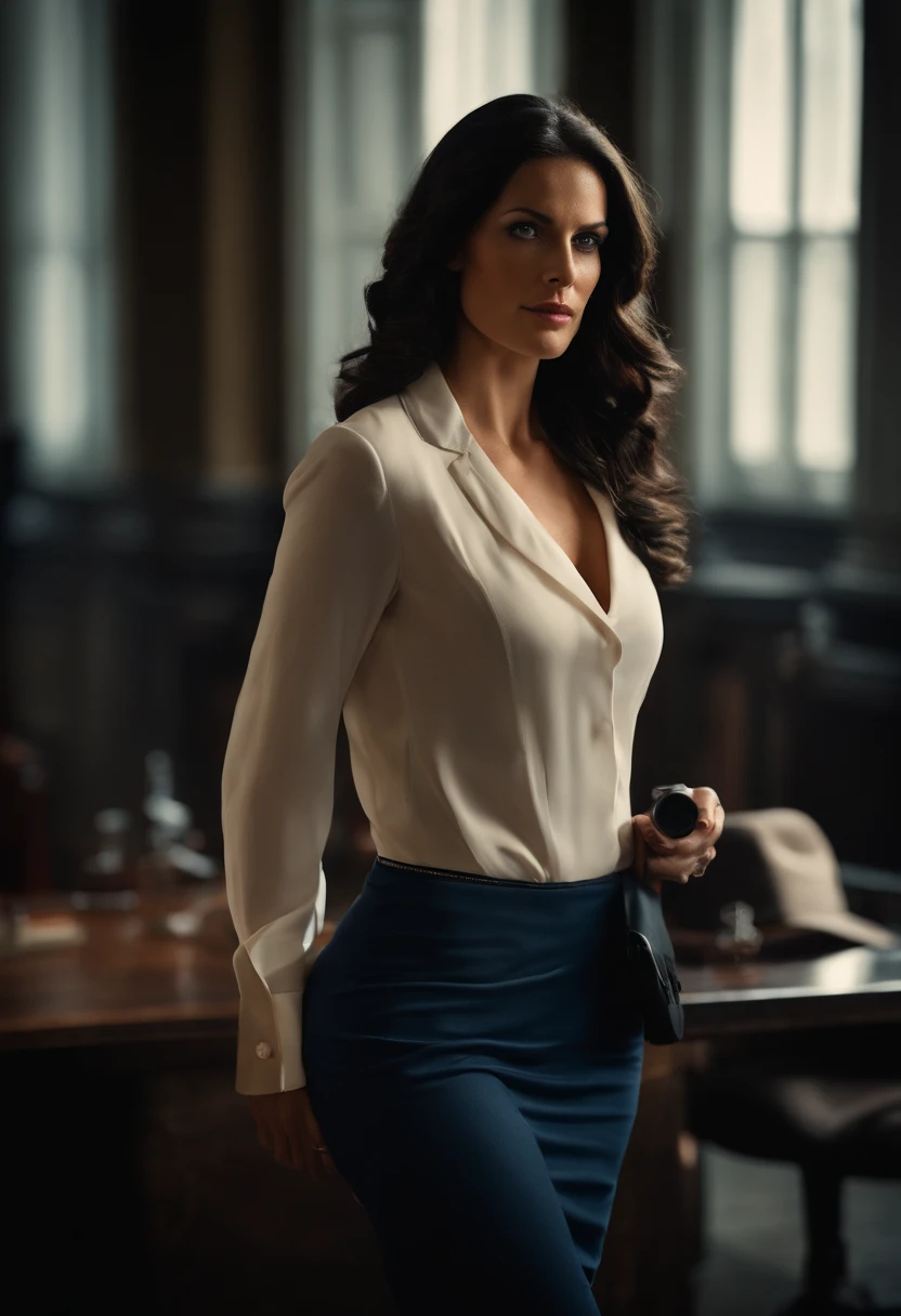 /imagine full body action pose of gorgeous CIA superspy and journalist Brigitte Montfort, codenamed "agent Baby". She is a deep blue eyes dark hair brunette, daughter of German Father and French mother, 26 years old, she has a perfect woman body.