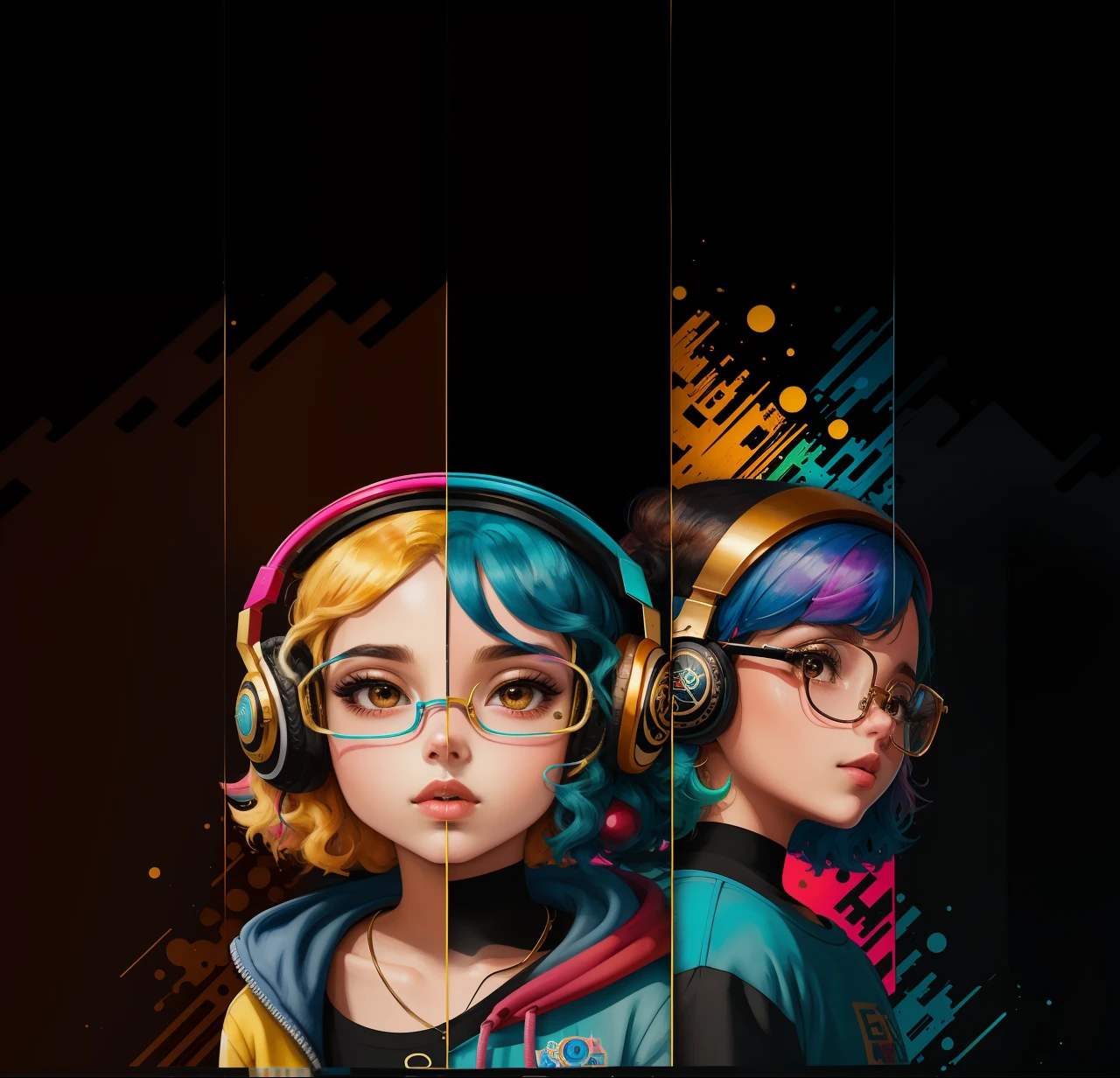 Poku vintage com design de personagem de fone de ouvido,um adesivo,tiro de corpo inteiro,estilo de anime,Estilo Trigger Studio,arte em quadrinhos,tira,arte do rabisco,graphic,Cor neon intensa,golden ratio composition,aquarela design para tshirt,8k