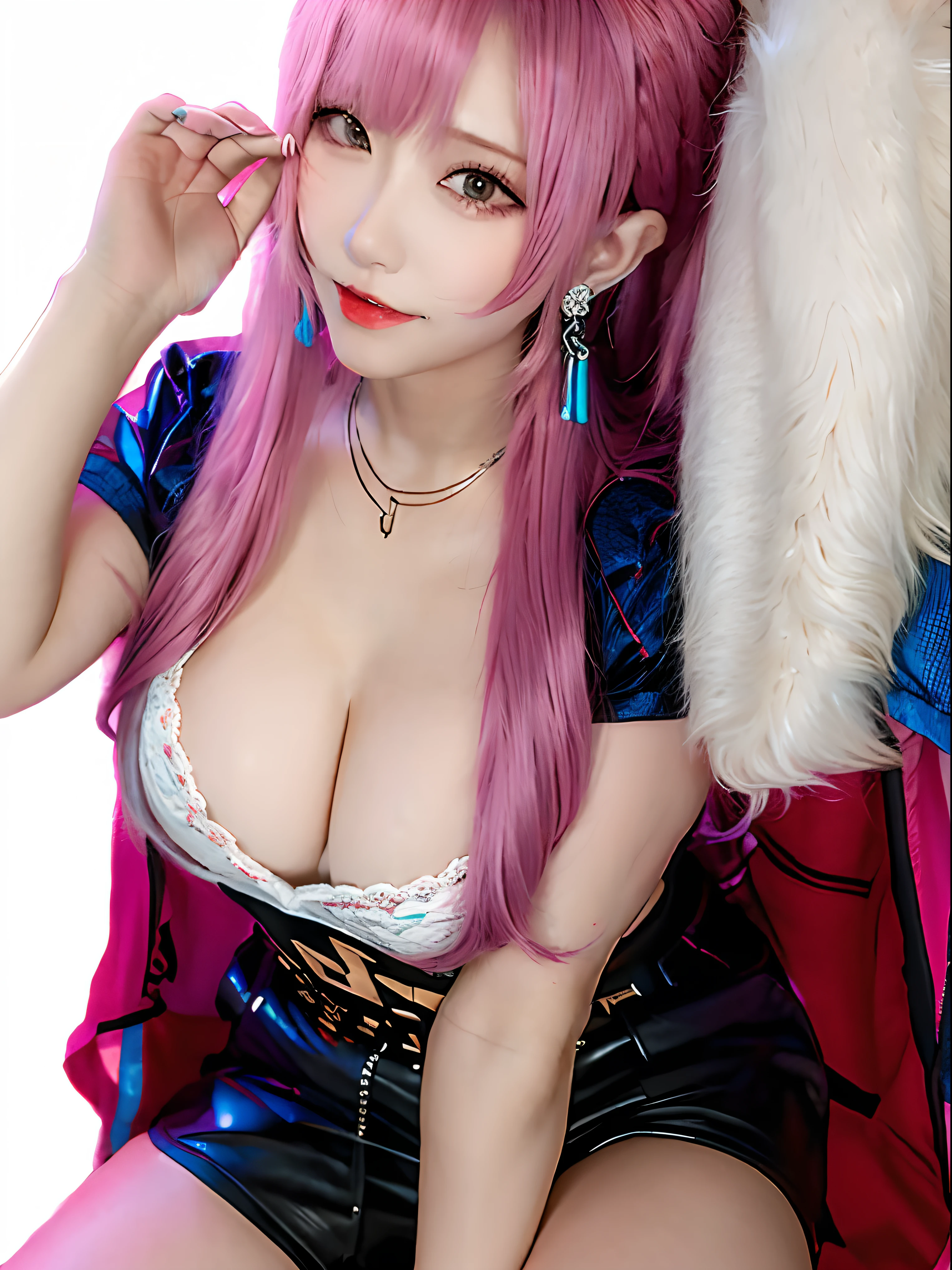 1girl, Long hair, earrings, top, cleavage, shorts, thighs, 8k quality