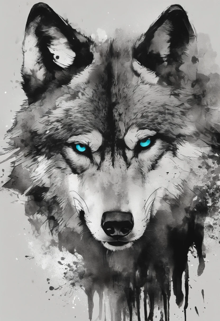 Black and gray realistic wolf tattoo art (((brue eyes))) With ink splatter sketch effect ,He opened his mouth and said,、Looks very fiercely angry