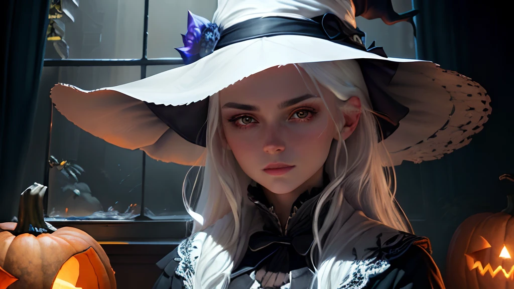 (masterpiece), (best quality), photorealism, realistic, ultra detailed, 8k resolution, (1girl), solo, beautiful girl, white hair, witch, front light, cinematic light, cold light, dark background, witch hat, indoor, mystery, fantasy, pumkin