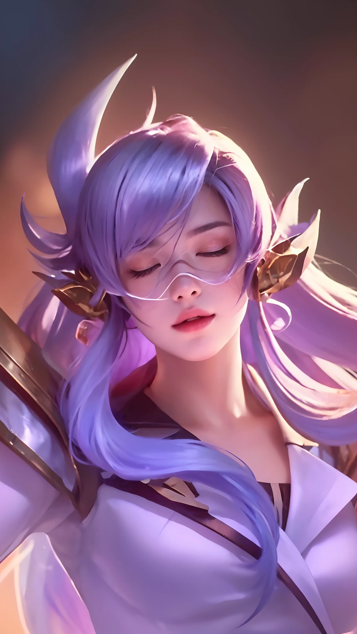 8K, Best Quality, Masterpiece, Ultra Resolution, (Realistic: 1.4), Original Photo, (Realistic Skin Texture: 1.3), (Film Grain: 1.3), (Selfie Angle), Portrait 1 Girl, Eyes Closed, Long Hair, Purple Hair, Beautiful Big Eyes and Face Detail, Masterpiece, Best Quality, Close Up