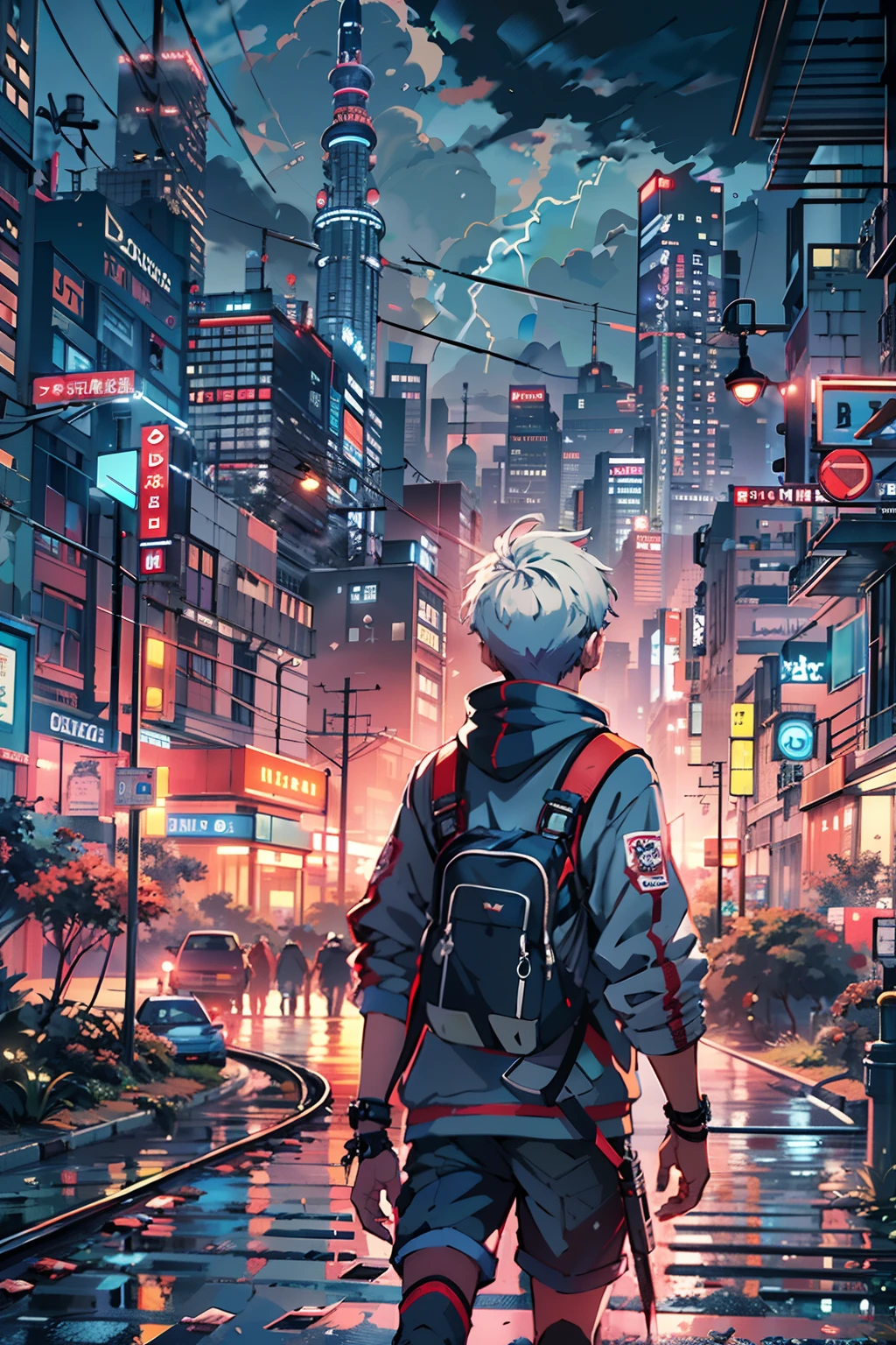 1boy,( boy:1.5)、Anime-style protagonist、Cyberpunk Boy、silber hair、Spiky hairstyle、machine gun、Japan sword on the back、Whole body bloody、Shot from the knee up、The beginning of the adventure、Lots of clouds,heavy fog、Big Moon、Lightning、Chaotic city of the future、dystopian、A group of very tall skyscrapers stands in the center、Very complex cityscape,Crowded Chinese skyscrapers、Tall radio tower、Trees、street signs、streetlights、taxis、buses、Train、Warm lighting,Dark road、puddles、Chaotic、Beautiful and fantastic scenery、Cinematic scenery、hightquality、masutepiece,in 8K、hight resolution、