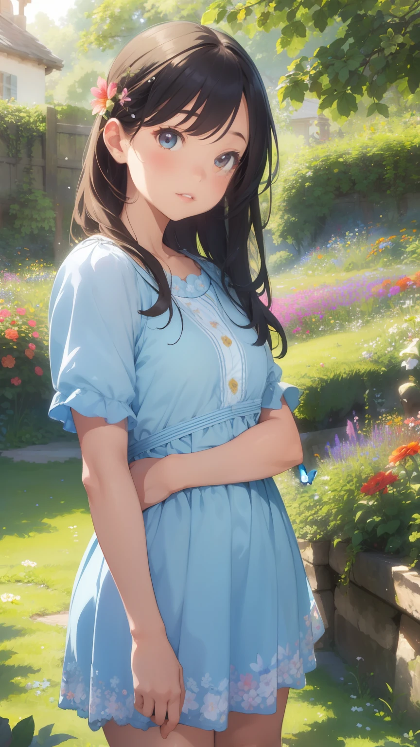 masterpiece, best quality, 1girl, cowboy shot, thighs, beautiful girl, (flowers, many small petals, garden, blue sky), looking at viewer, small waist, official art, raw photo, incredibly absurdres, facelight, dynamic lighting, cinematic lighting, ultra realistic, highres, photography, sharp focus, highest detailed, extreme detailed, ultra detailed, finely detail, extremely detailed eyes and face