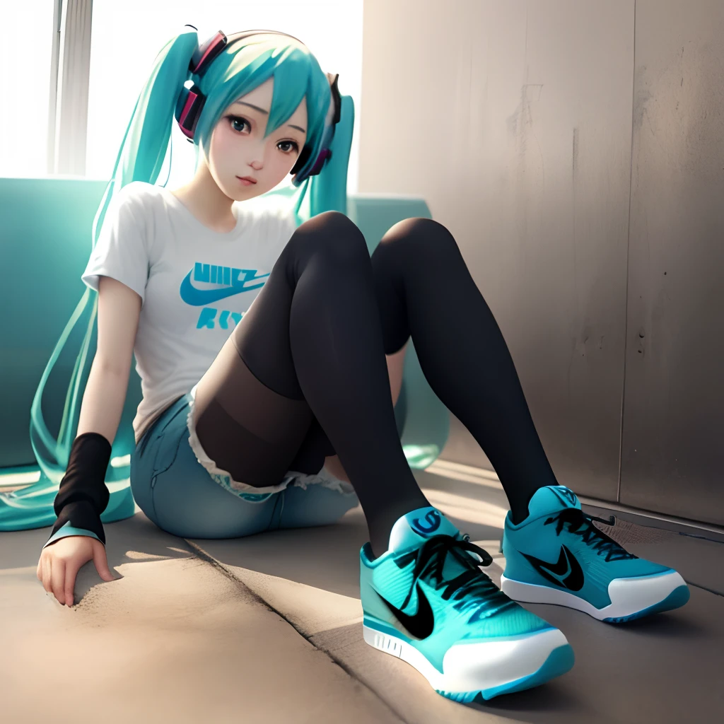 Hatsune Miku, Denim shorts, black pantyhose, blue Nike shoes