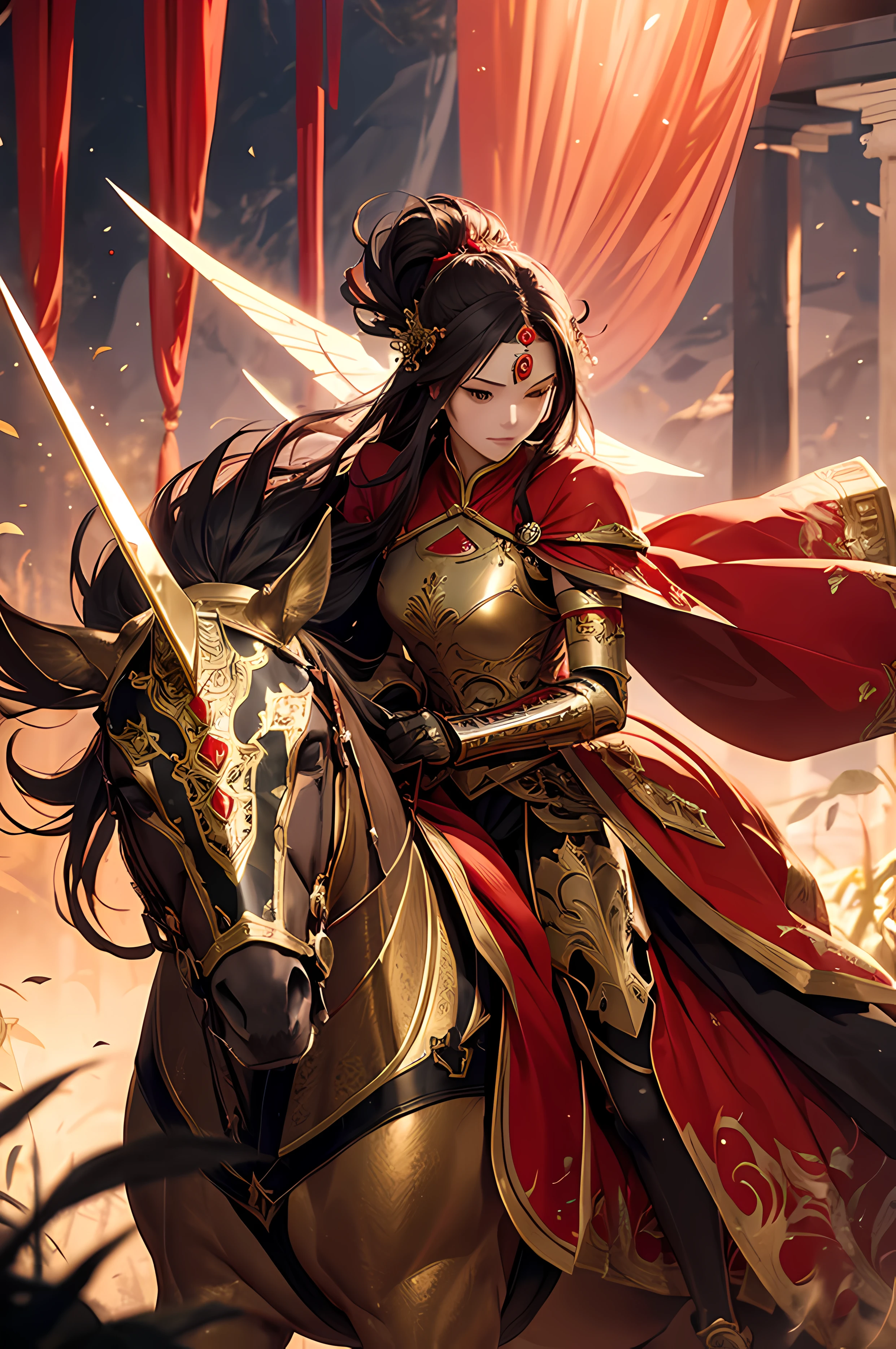 Empress knight, fine armor, intricate design, red details, silk, cinematic lighting, 4k, floating hair, sharp, prism, shining knight, royal, face mask , full body frame, grassland background, happy, wuxia, phoenix pose