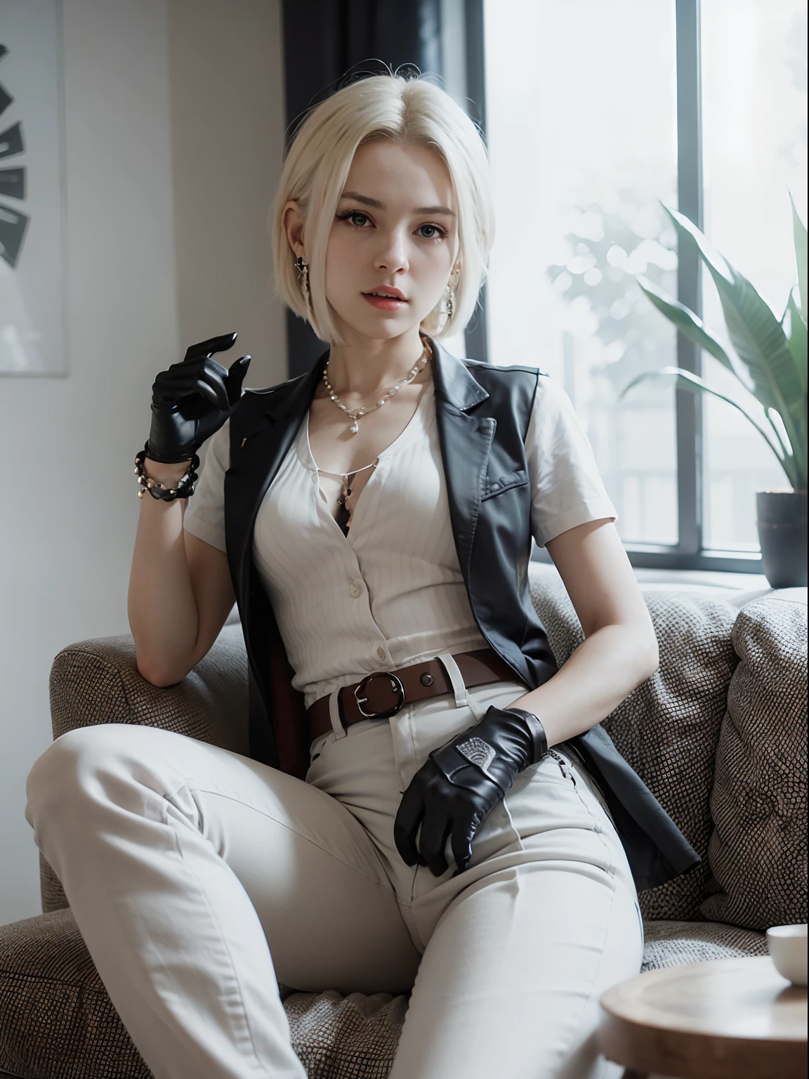 masterpiece, best quality, intricate detail,  android_18, and18, 1girl, android 18,  dragon ball z,  solo, blonde hair, blue eyes, belt, jeans, pearl_necklace, bracelet, black gloves, white shirt, short hair, short sleeves, earrings, blue pants, open vest, black vest,