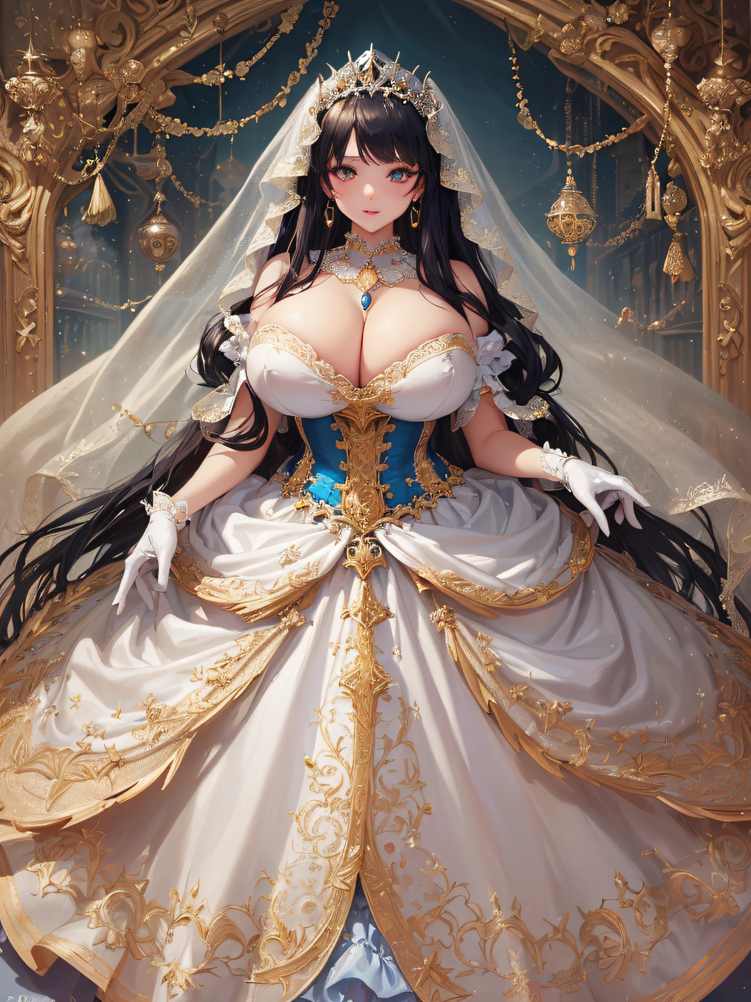 ((anime artstyle)),(Masterpiece),(Best Quality), (Super Detail),((Very Delicate and Beautiful)),cinematic lighting,1 girl,((full body portrait)),((standing in garden)),((solo)),(((1 fairytale princess in gorgeous embroidery and jeweled extremely gorgeous cinderella ballgown with voluminous full length hoop skirt))),an hourglass waist,padded and corseted bodice,(((huge crinoline hoopskirt))),long train,((gorgeous embroidery and jeweled)),voluminous frills,See-through,(((extremely gigantic tits,skindentation))),cleavage,((absurdly Long Straight Hair,extremely voluminous Straight long Hair,absurdly Long Straight Hair)),(finely detailed face and eyes),clear pupil,extremely gorgeousfull hair ornament,(bling-bling jeweled extremely gorgeousfull tiara),((bling-bling gorgeous gemstone jewelry)),gorgeous long veil,((ultra long gloves)),(beautiful background),(full body),((gorgeous embroidery and jeweled extremely gorgeous cinderella ballgown with voluminous full length hoop skirt))