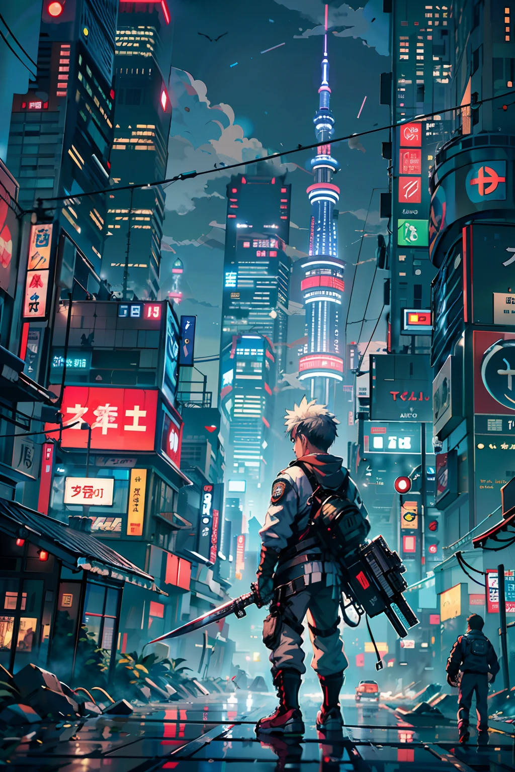 1boy,( boy:1.5)、Anime-style protagonist、Cyberpunk Boy、silber hair、Spiky hairstyle、machine gun、Japan sword on the back、Whole body bloody、Shot from the knee up、The beginning of the adventure、Lots of clouds,heavy fog、Big Moon、Lightning、Chaotic city of the future、dystopian、A group of very tall skyscrapers stands in the center、Very complex cityscape,Crowded Chinese skyscrapers、Tall radio tower、Trees、street signs、streetlights、taxis、buses、Train、Warm lighting,Dark road、puddles、Chaotic、Beautiful and fantastic scenery、Cinematic scenery、hightquality、masutepiece,in 8K、hight resolution、