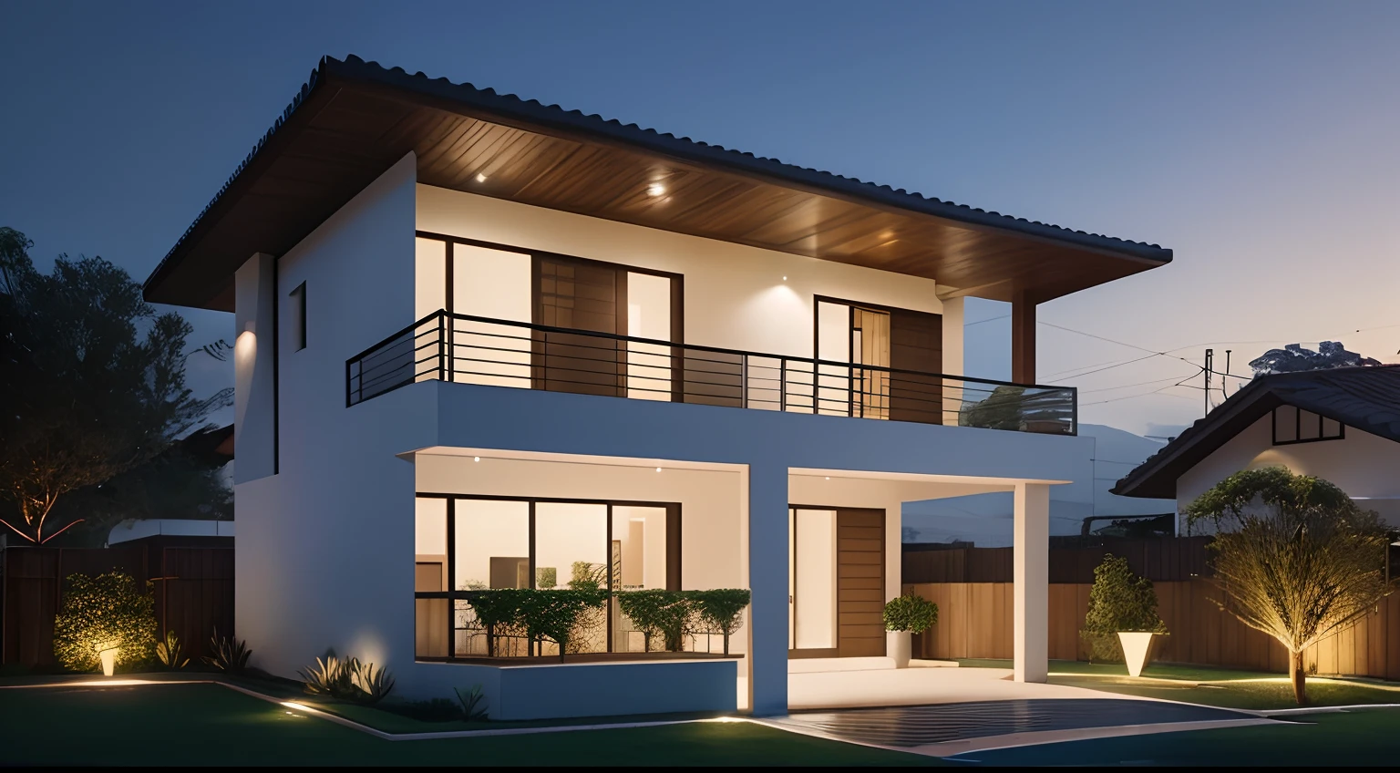 Casa grande no campo, vista externa frontal, (one floor), ((estilo moderno)), no meio da floresta, rodeada de campo gramado, melhor qualidade, Lumion Pro rendering, night ligthning, cinematic quality.