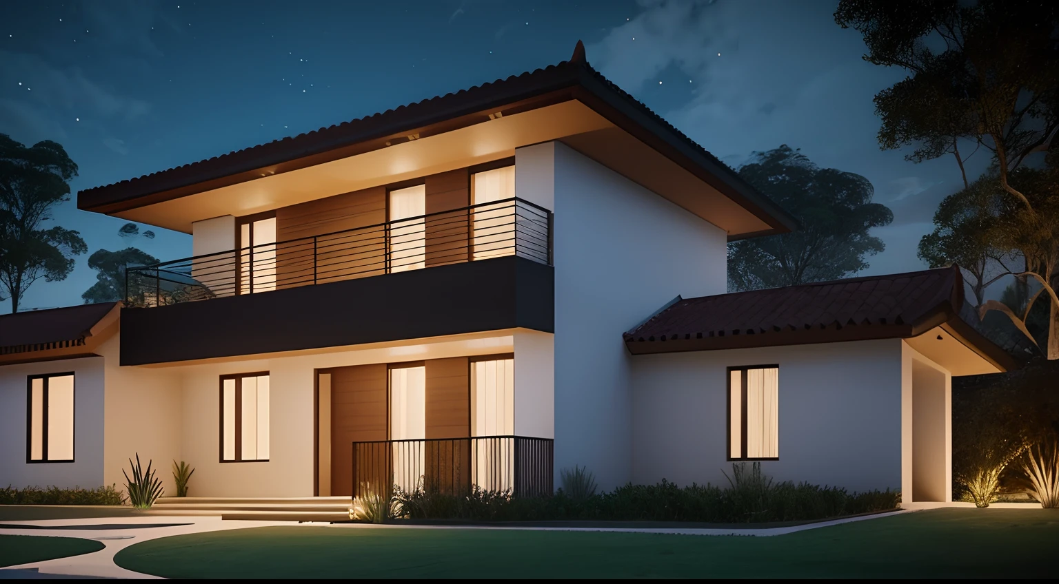 Casa grande no campo, vista externa frontal, (one floor), ((estilo moderno)), no meio da floresta, rodeada de campo gramado, melhor qualidade, Lumion Pro rendering, night ligthning, cinematic quality.