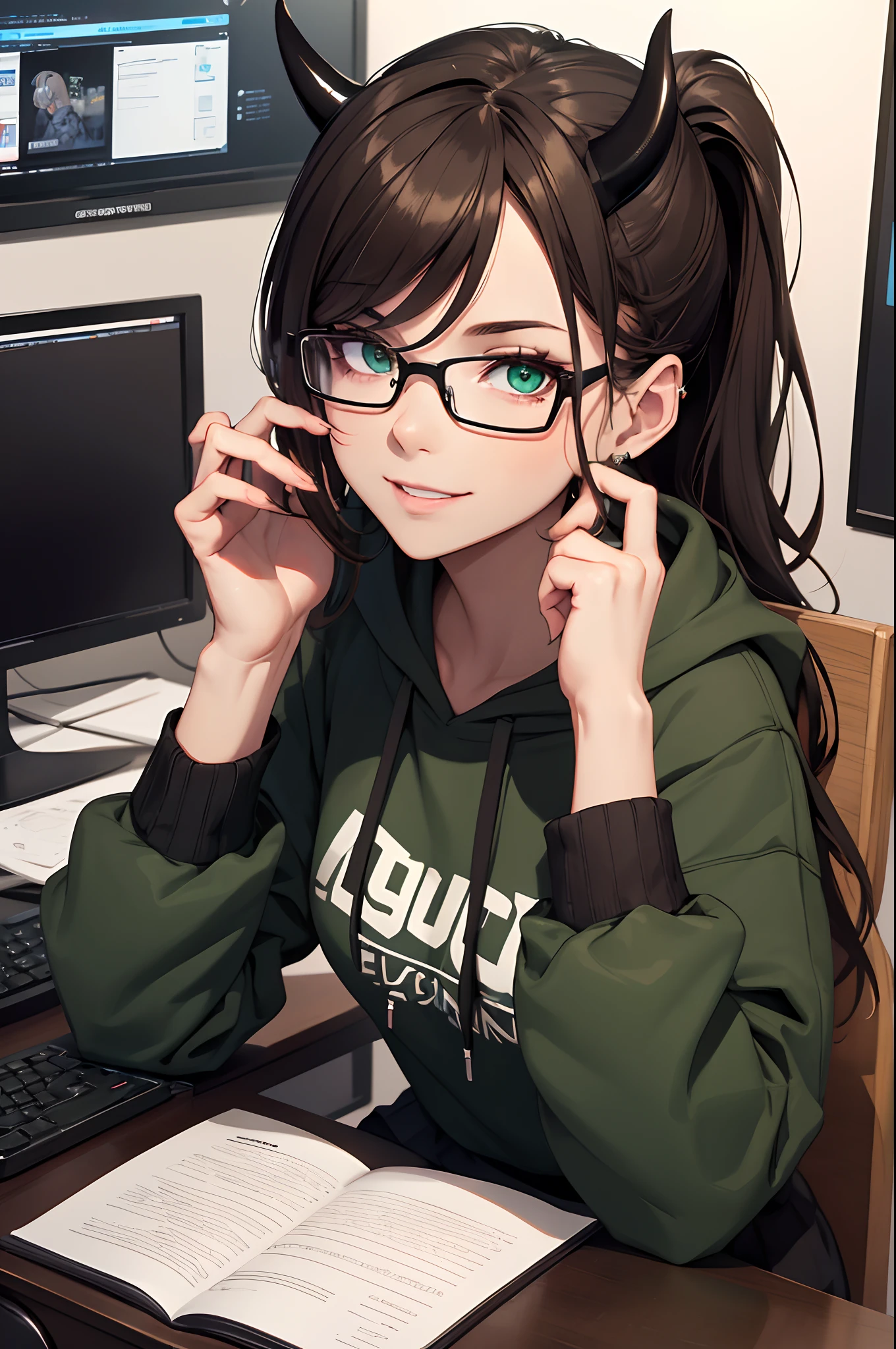 (best quality:1.2,8k,highres,masterpiece:1.2),1girl,solo,brown hair,beautiful detailed smile,green eyes,vivid colors,high quality artstyle,ultra-detailed,realistic:1.37,quality shadows,HDR,ultra-fine painting,long eyelashes,professional,ponytail,blacl hoodie with metal band,black skirt,devil horns, black glasses, sitting behind a computer
