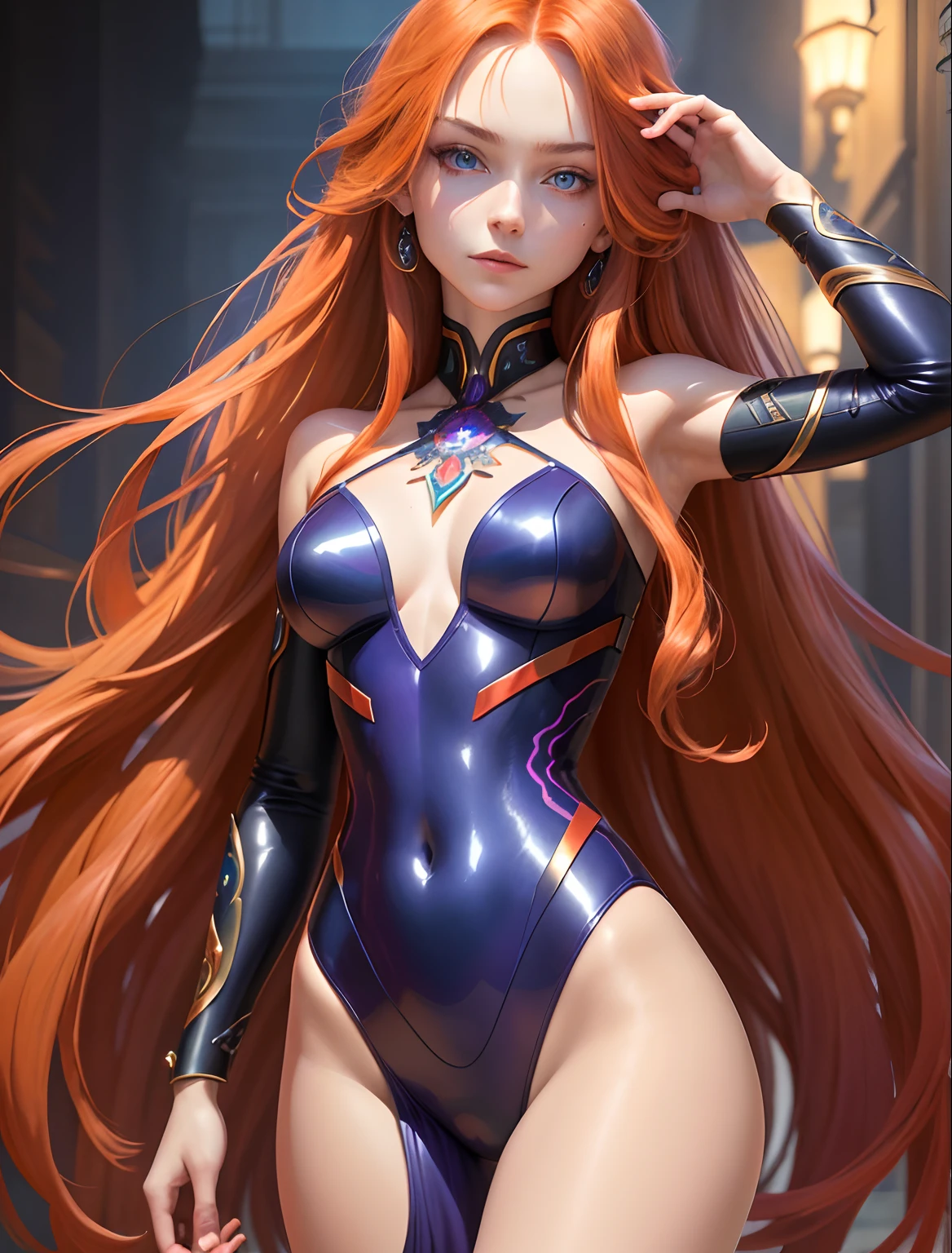 ((masterpiece, top quality)), (photorealism: 1.3), 1girl, charming, mysterious, blue and purple eyes, multicolored eyes, long shimmering hair, flowing hair, dark red hair and soft orange hair, multicolored hair, gradient hair, bodysuit, jewelry, jewelry, abstract pattern, luxury, decadence
