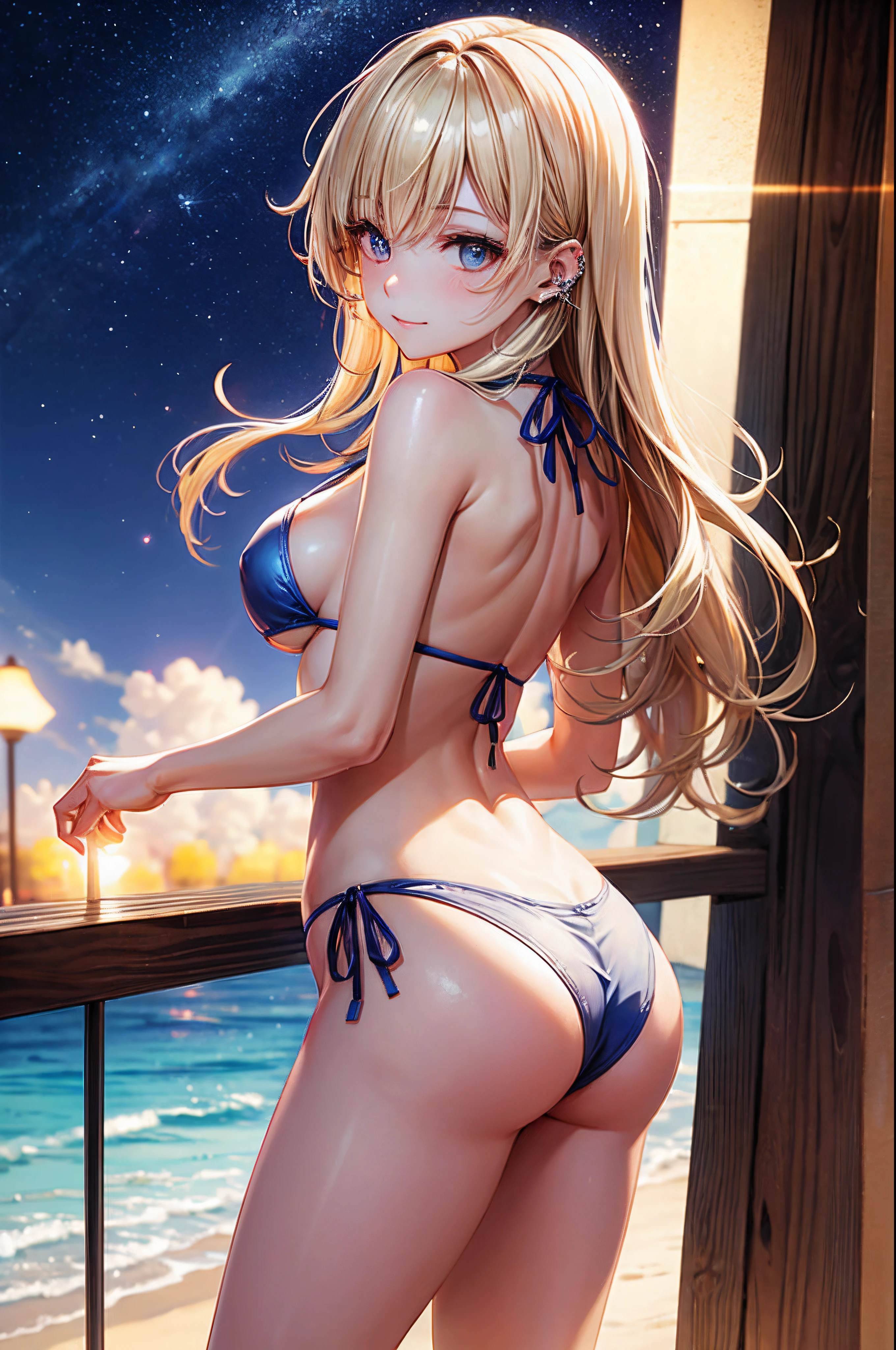 realisitic、top-quality、 1 人、25-years old、Light colored hair、piercings、Shy face、Fancy Bikini、beautiful boob 、sexypose、s ass、night sandy beach、Particles of light、profetional lighting、blue open sky