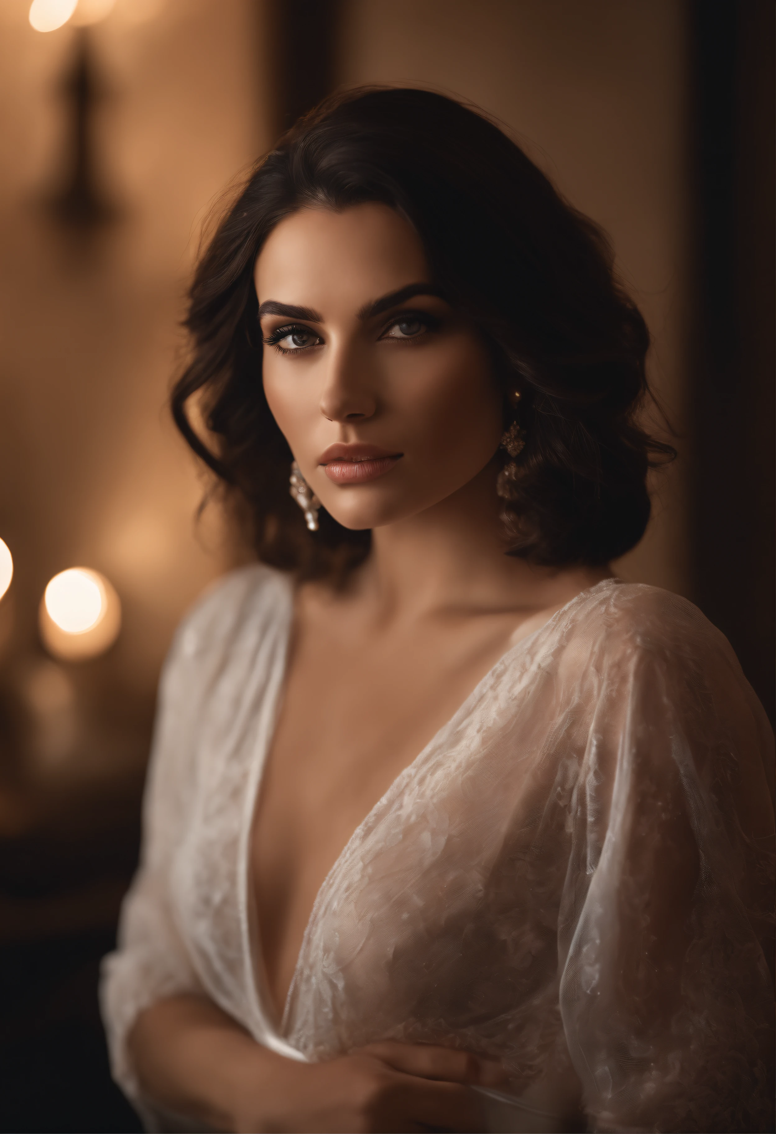 A photorealistic portrait of a stunningly beautiful, dark-haired woman with captivating, piercing brown eyes. She exudes an irresistible allure and sensuality, reminiscent of Dua Lipa. The scene is set in a softly lit, luxurious boudoir, casting a warm, intimate atmosphere. The style closely resembles high-end fashion photography, with a focus on capturing every intricate detail of her features. Camera: Canon EOS 5D Mark IV, using a prime 85mm lens with soft, diffused lighting. --ar 4:5
