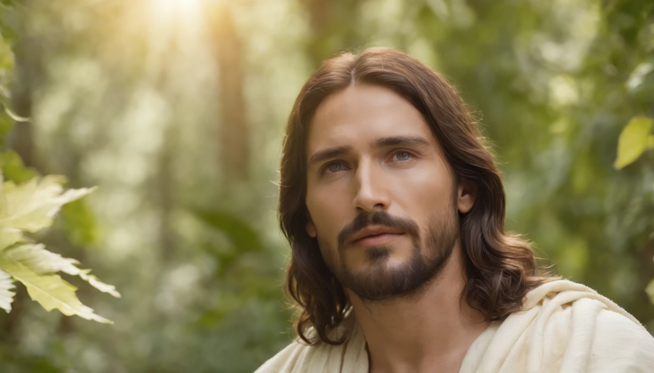 Jesus Christ meditating with his eyes closed in a paradisiacal grove, with leafy trees, flores e um riacho calmo fluindo, e a luz do sol iluminando o ambiente com seus raios divinos