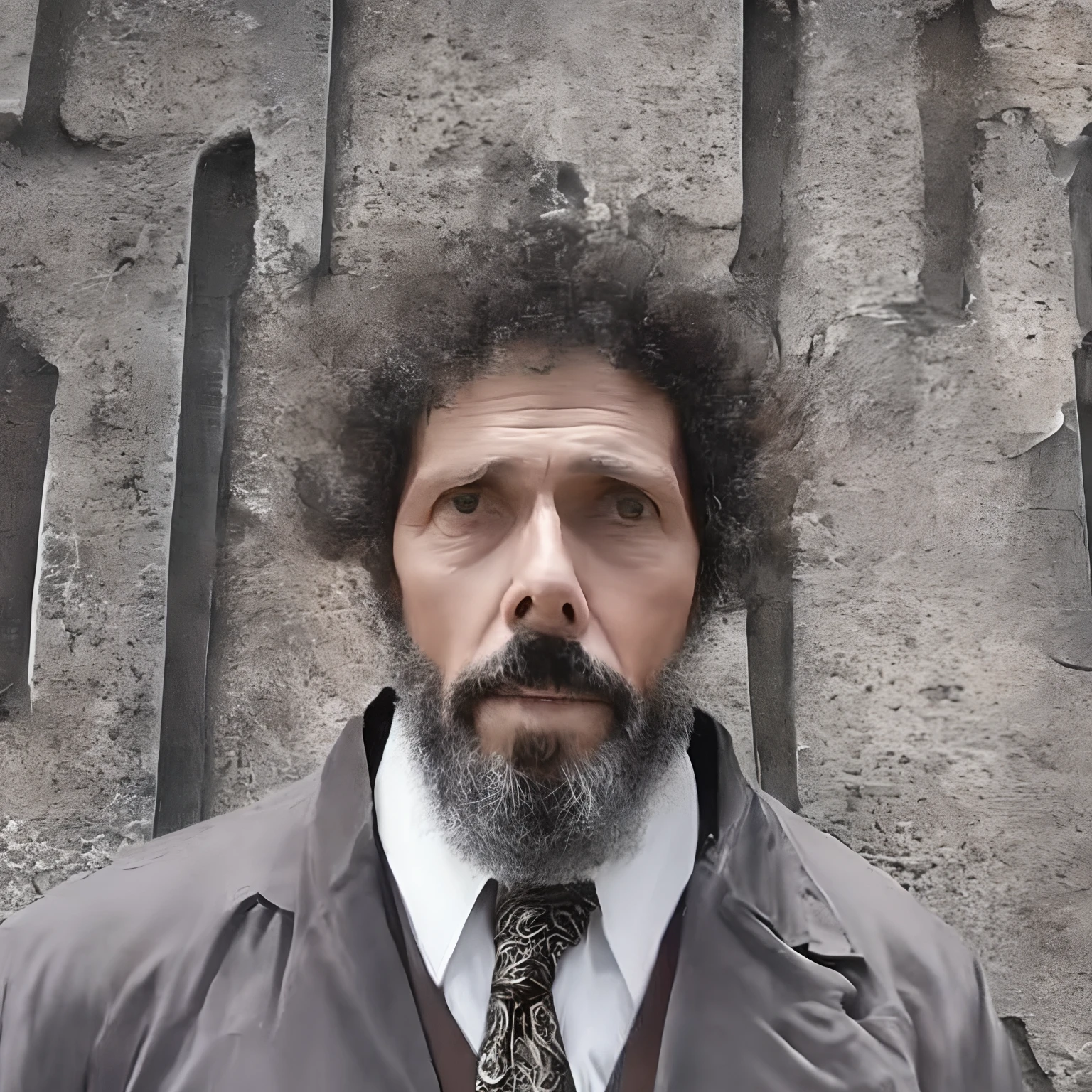 A bearded man standing in a 58-year-old suit and tie, cuerpo y cabeza rectos en la foto, DSRL, frente al espectador de la foto, ojos fijos a la lente, aparece hombros y cabeza en la foto, hombre centrado en la foto, 8k, mejor calidad, obra maestra, realista, foto realista, movie photo, ultra realista, 1 persona, detallado, perfect ilumination, DSRL, foto profesional, 4k