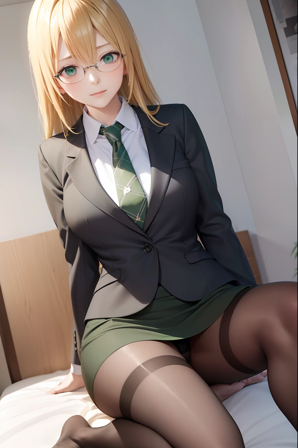 Lunatierke Tiague, Whimsical tears, Blonde hair, (Green eyes:1.5), Hair intake, Long hair, low-tied long hair, Glasses,
Breaking a business suit, Formal, Jacket, pantyhose, pencil skirts, Skirt, Skirt suit, Suit, thighs thighs thighs thighs, Black Suit, Black jacket, Black skirt,sleep、((Toe of tights))、((Open legs))
Watch your audience and take a break,(Bedroom)、on the beds、BREAK (masutepiece:1.2), Best Quality, High resolution, Unity 8k壁纸, (Illustration:0.8), (Beautiful detailed eyes:1.6), extra detailed face, Perfect Lighting, extremely details CG, (Perfect hands, Perfect Anatomy),