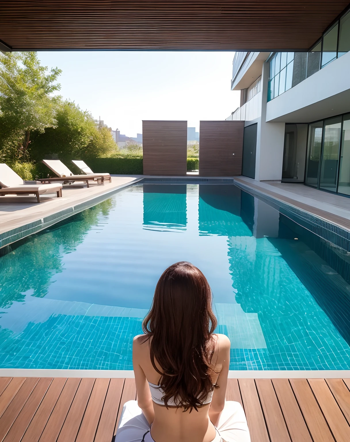 ((Top Quality, 8k, Masterpiece: 1.3)), Beauty, Hide Face, 1 Girl, Beautiful: 1.3, Slender Abs: 1.1, Camisole, Cleavage, brown wavy Hair Long, Ultra Detailed Face, Highly Detailed Lips, Detailed Eyes, Double Eyelids, in bikini sitin in privite pool on The top of skyscraper, view of The full boody, siting on The Edge PDF The pool