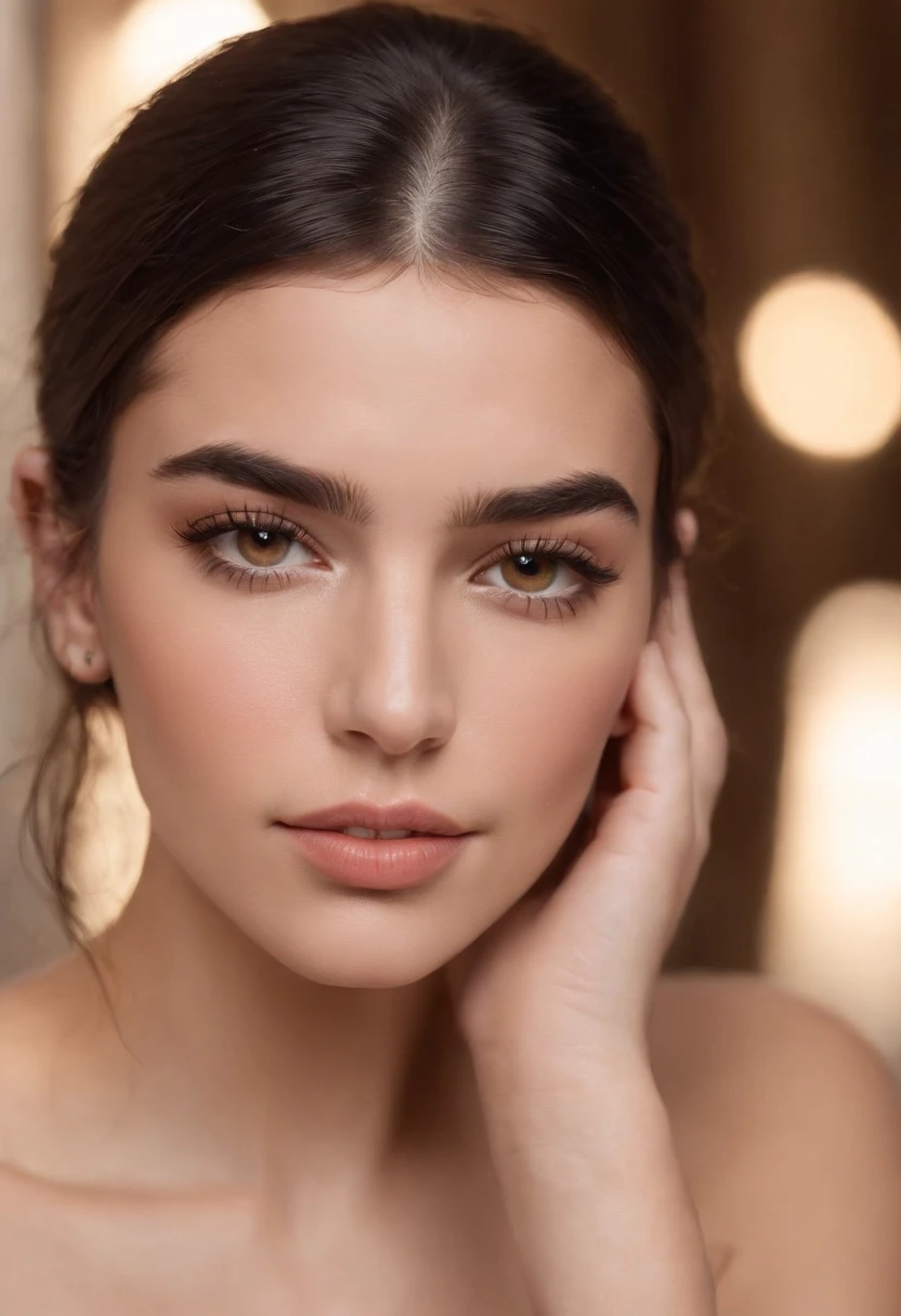 A photorealistic portrait of breathtaking beauty, femme aux cheveux noirs avec captivant, Piercing brown eyes. It exudes an irresistible allure and sensuality, rappelant Dua Lipa. The style is very similar to high-end fashion photography, with a focus on capturing every intricate detail of his features with a frontal face. camera: Canon EOS 5D Mark IV, Using an 85mm prime lens with soft, diffused lighting. --ar 4:5