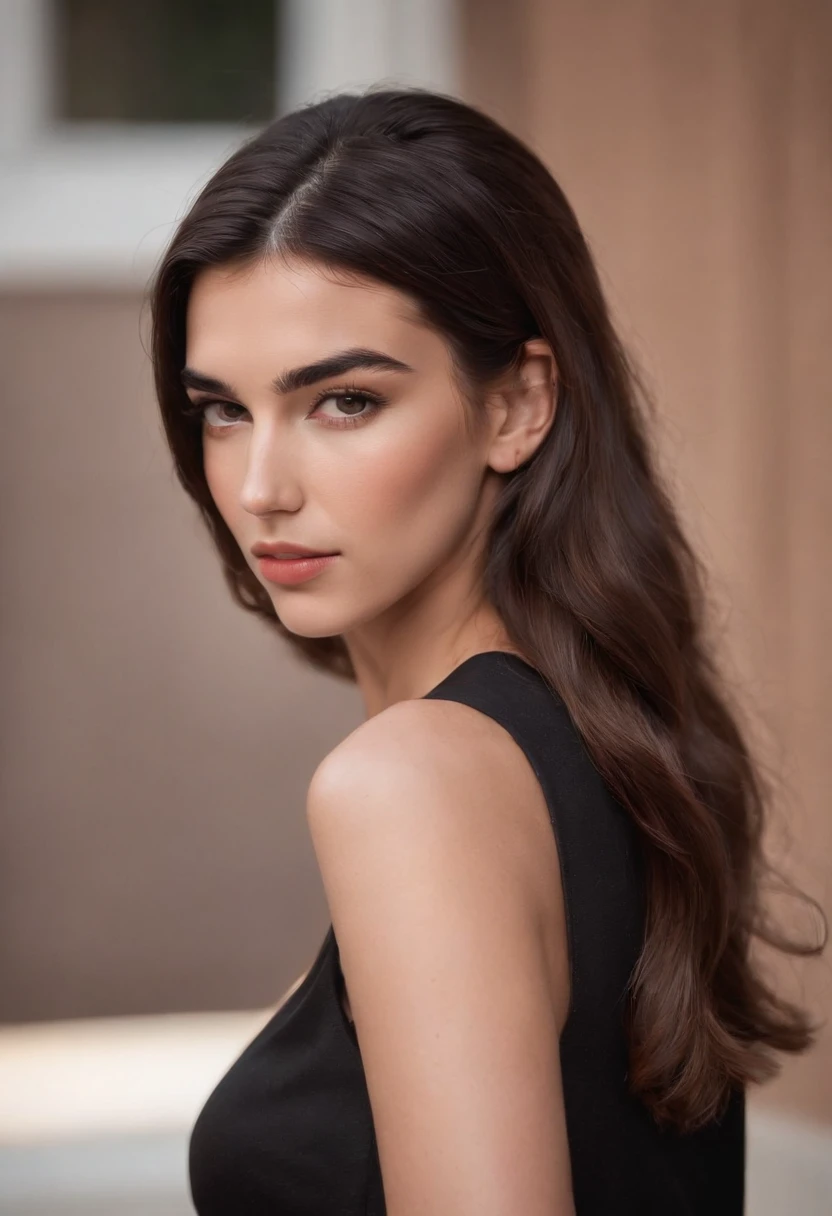 A photorealistic portrait of breathtaking beauty, femme aux cheveux noirs avec captivant, Piercing brown eyes. It exudes an irresistible allure and sensuality, rappelant Dua Lipa. The style is very similar to high-end fashion photography, with a focus on capturing every intricate detail of his features with a frontal face. camera: Canon EOS 5D Mark IV, Using an 85mm prime lens with soft, diffused lighting. --ar 4:5