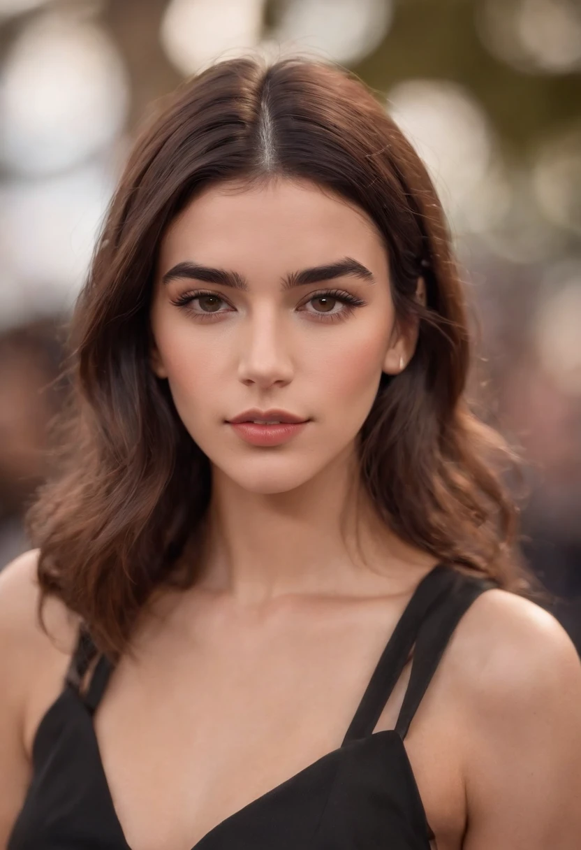 A photorealistic portrait of breathtaking beauty, femme aux cheveux noirs avec captivant, Piercing brown eyes. It exudes an irresistible allure and sensuality, rappelant Dua Lipa. The style is very similar to high-end fashion photography, with a focus on capturing every intricate detail of his features with a frontal face. camera: Canon EOS 5D Mark IV, Using an 85mm prime lens with soft, diffused lighting. --ar 4:5