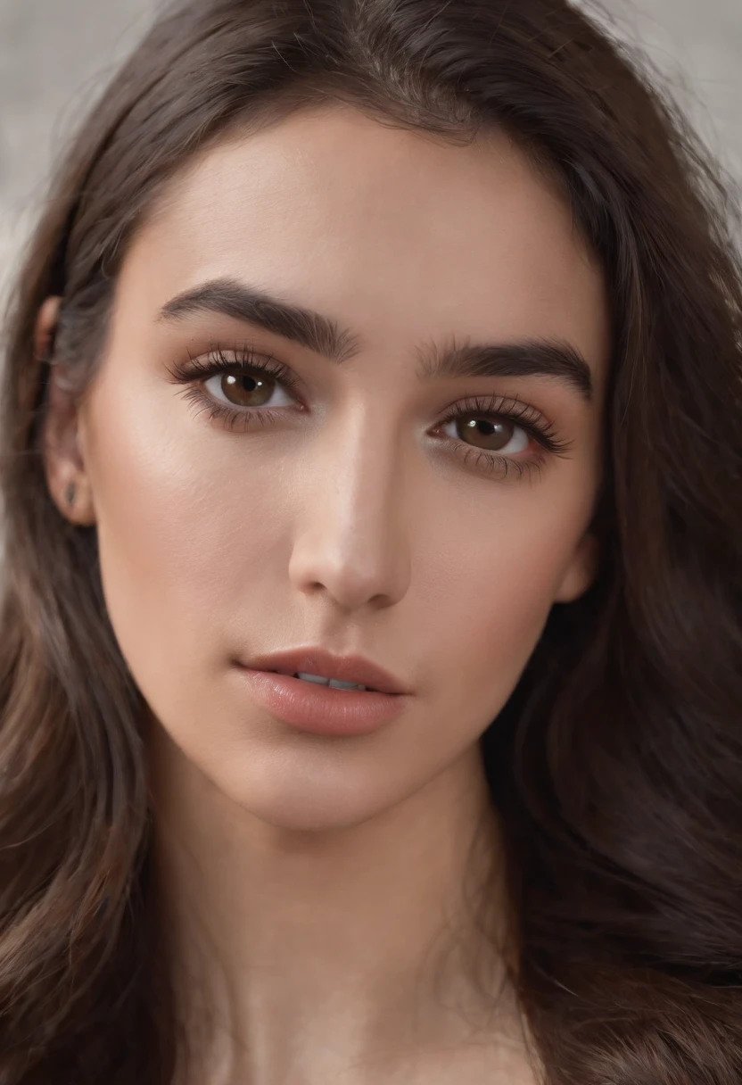 A photorealistic portrait of breathtaking beauty, femme aux cheveux noirs avec captivant, Piercing brown eyes. It exudes an irresistible allure and sensuality, rappelant Dua Lipa. The style is very similar to high-end fashion photography, with a focus on capturing every intricate detail of his features with a frontal face. camera: Canon EOS 5D Mark IV, Using an 85mm prime lens with soft, diffused lighting. --ar 4:5