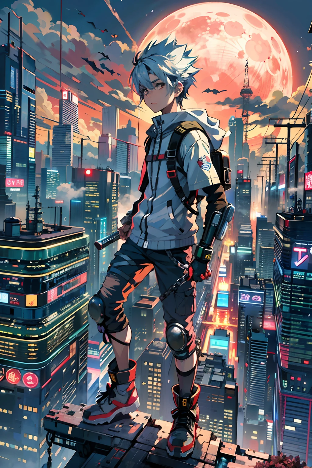 1boy,( boy:1.5)、Anime-style protagonist、Cyberpunk Boy、silber hair、Spiky hairstyle、machine gun、Japan sword on the back、Whole body bloody、Shot from the knee up、The beginning of the adventure、Lots of clouds,heavy fog、Big Moon、Lightning、Chaotic city of the future、dystopian、A group of very tall skyscrapers stands in the center、Very complex cityscape,Crowded Chinese skyscrapers、Tall radio tower、Trees、street signs、streetlights、taxis、buses、Train、Warm lighting,Dark road、puddles、Chaotic、Beautiful and fantastic scenery、Cinematic scenery、hightquality、masutepiece,in 8K、hight resolution、