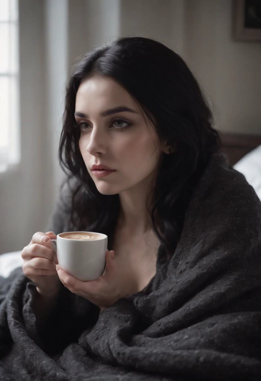 Goth girl waking up in bed, messy hair, black hair, soft skin, no tattoos, drinking coffee, covered in blanket, nude.