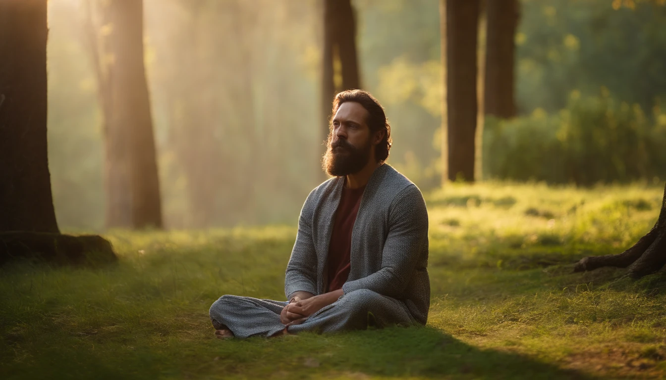 Jesus Christ meditating with his eyes closed in a paradisiacal grove, with leafy trees, flores e um riacho calmo, e a luz do sol iluminando o ambiente com seus raios divinos